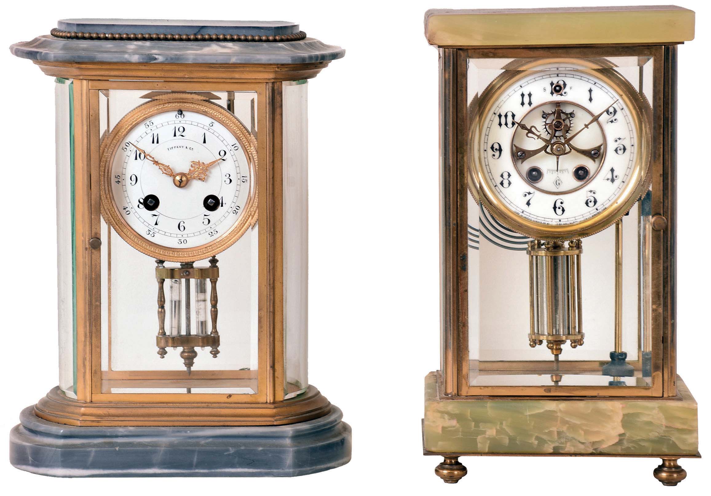 Clocks- 2 (Two): (1) William L. Gilbert Clock Co., Winsted, Conn., 8 days, time and strike spring brass movement crystal regulator. c1913 (2) French, Japy Freres, 8 days, time and strike spring brass movement crystal regulator. Retailed by Tiffany &amp; Co., New York. c1900 — Antique Clocks Price Guide