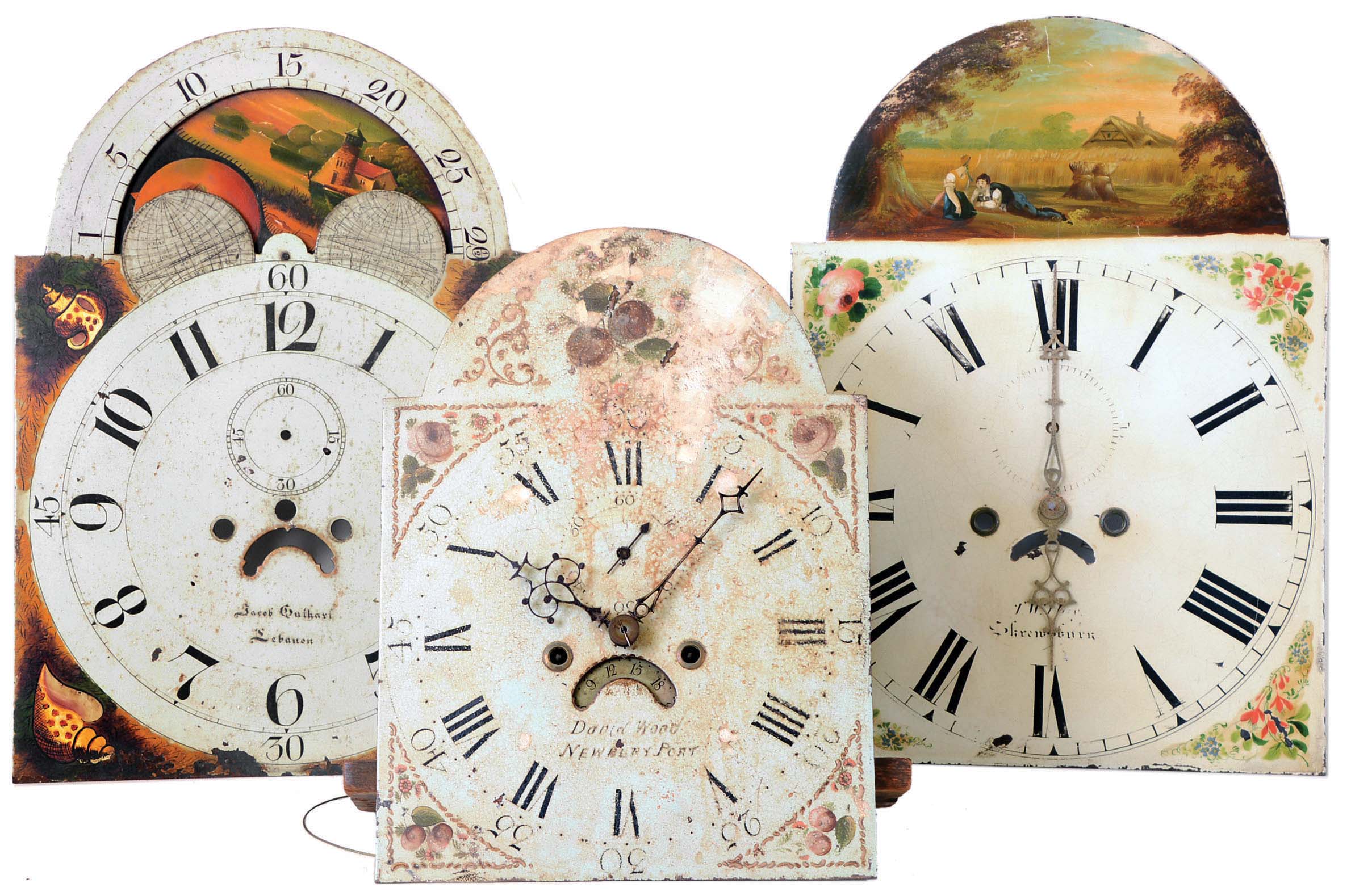 David Wood, Newburyport (MA) , longcase clock movement and seat board with Wilson, Birmingham, England dial, c1800; plus 2 painted dials (only) , one by William Jones, Philadelphia, signed Jacob Guthart, Lebanon (PA) , c1815, and another signed T. W. (Thomas William) Hay, Shrewsbury (England): c1820 — Antique Clocks Price Guide