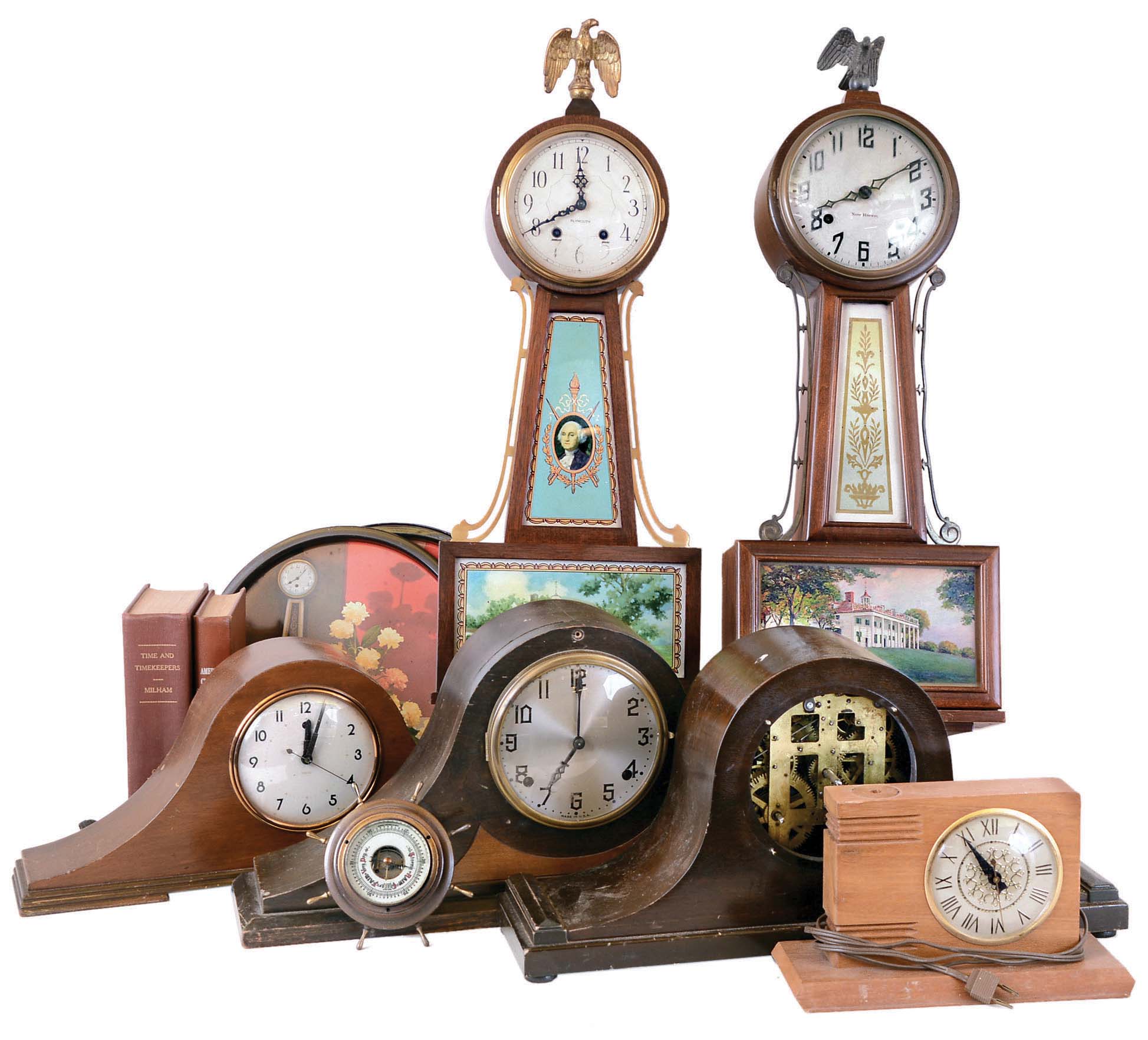Clocks- 6 (Six) plus 2 books (Milham and Drepperd) , small barometer, 2 painted trays; includes Plymouth and New Haven "Whitney" banjos, Telechron tambour. 20th century — Antique Clocks Price Guide