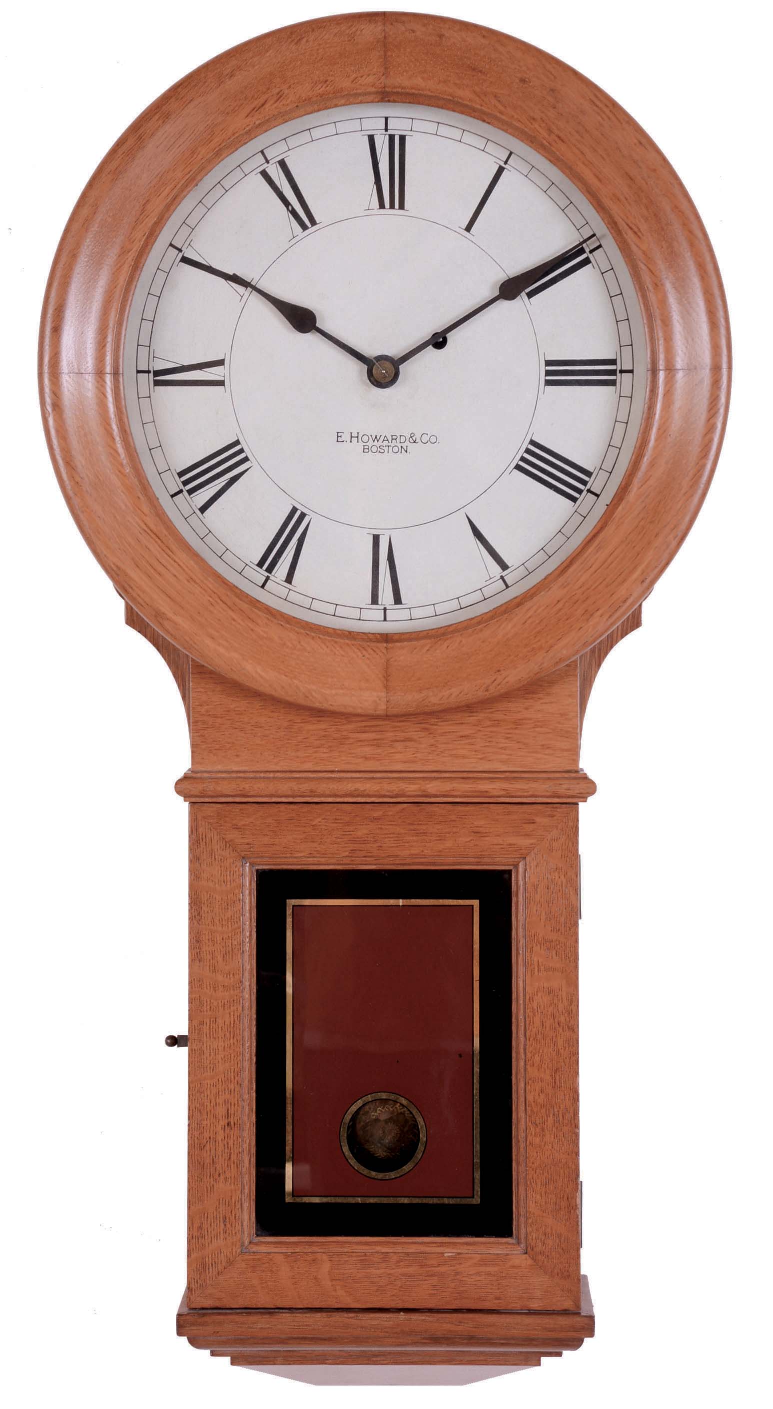 E. Howard &amp; Co., Boston, Mass., "Regulator No. 70" wall hanging clock with a weight driven 8 days timepiece movement in a oak case. — Antique Clocks Price Guide