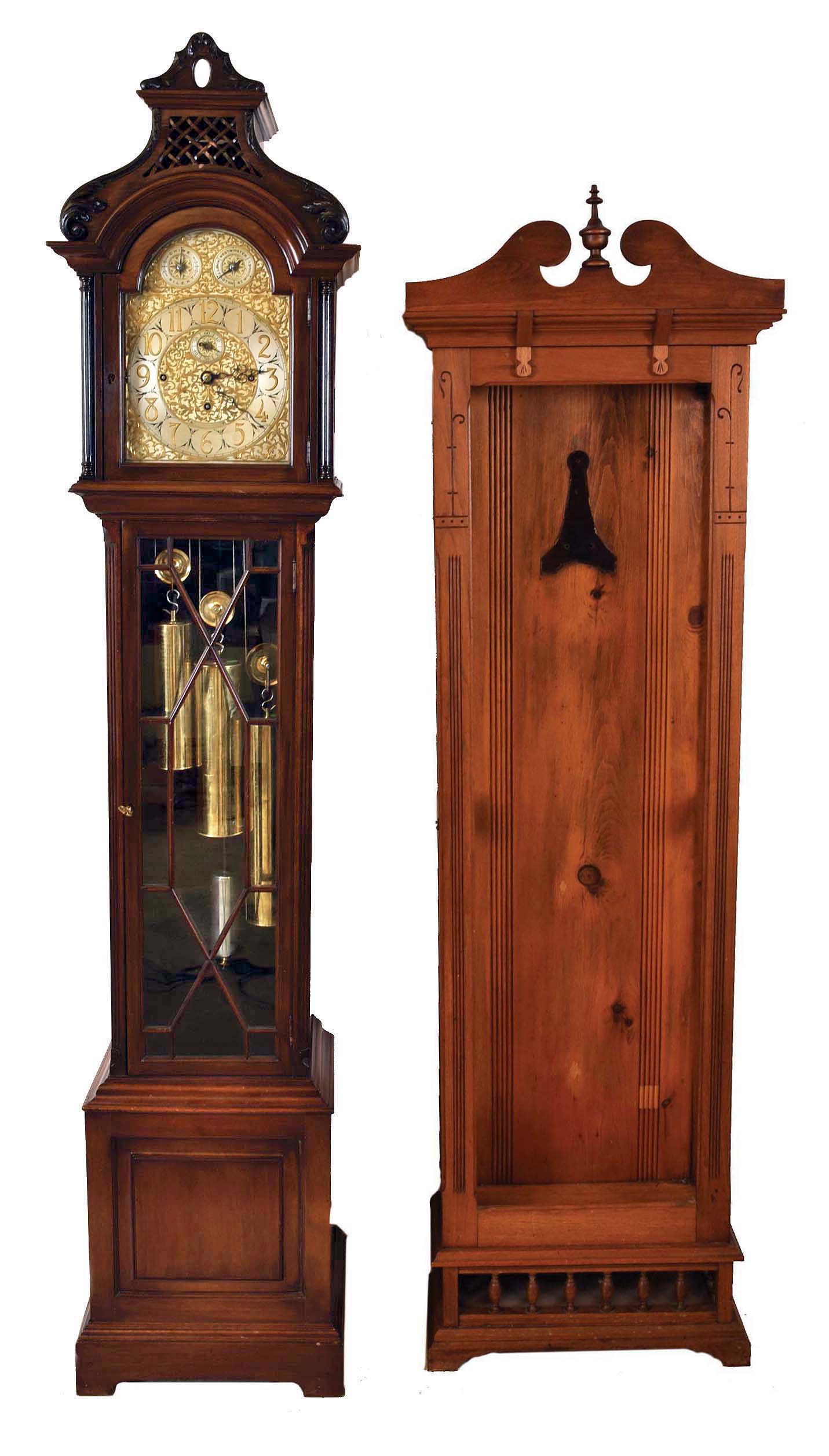 Tall Clock and a Regulator Case (only) - (1) Mappin &amp; Webb, England hall clock 8 days, time, strike and chiming three tunes on 9 tubes (tubes not included) , in glazed mahogany case with carved pagoda top. The brass dial has silvered chapter ring, strike / silent selector and tune selector disc for Westminster, Whittington and St. Michaels, circa 1915; (2) Walnut pinwheel regulator case (only) , circa 1890 — Antique Clocks Price Guide