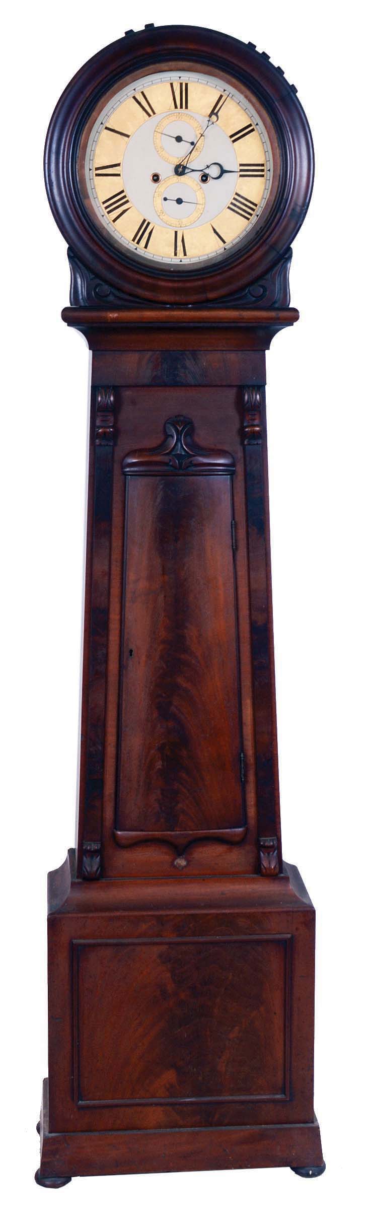 Unsigned Scottish drum top tall clock, 8 days, time and bell strike, weight driven movement in a mahogany and mahogany veneer case with painted iron dial. — Antique Clocks Price Guide