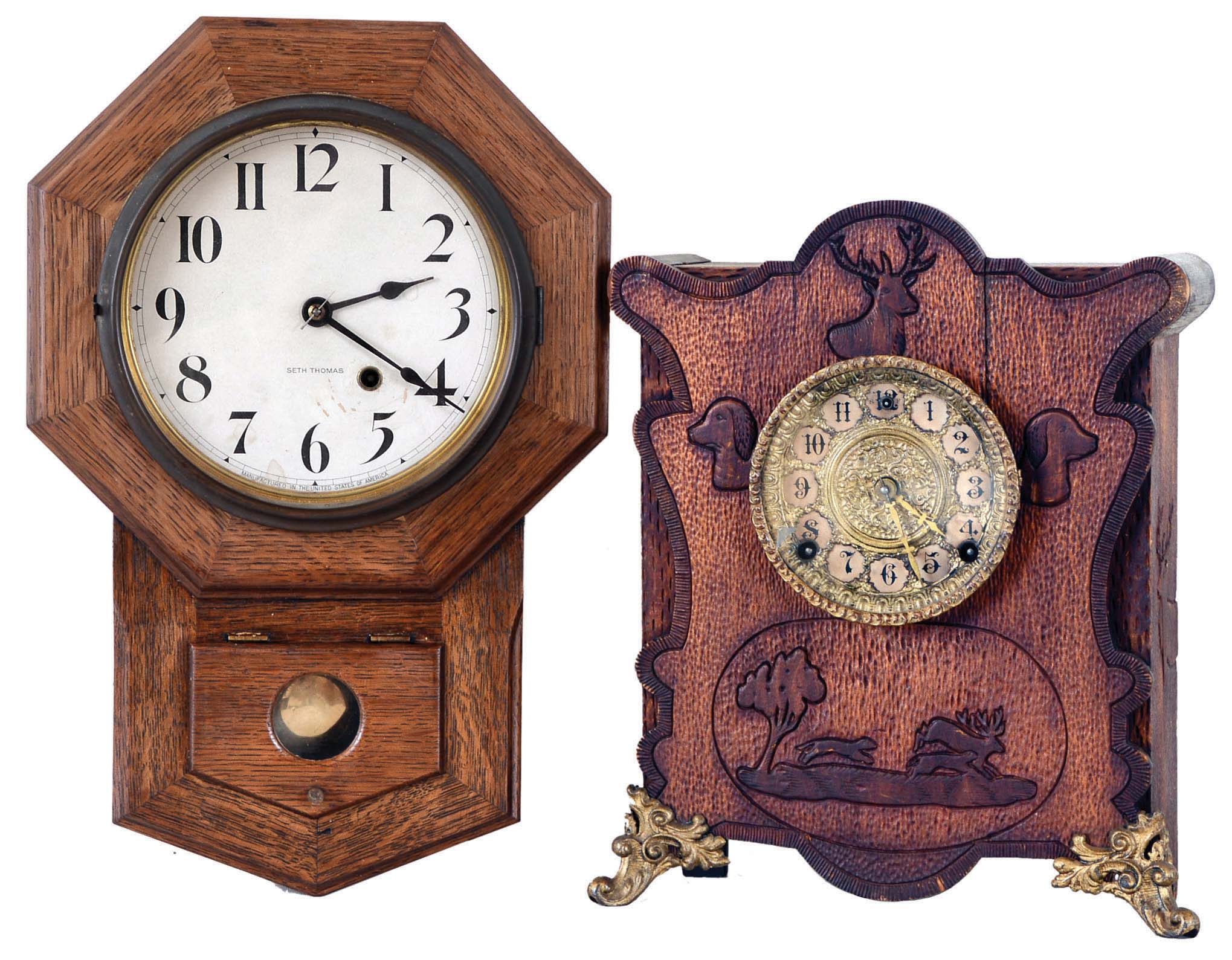 Clocks- 2 (Two): (1) Seth Thomas Clock Co., Thomaston, Conn., "Drop Octagon 8 inch", 8 days, spring brass movement small schoolhouse style wall timepiece. c1908 (2) William L. Gilbert Clock Co., Winsted, Conn., "Cozy Corner Q", 8 days, time and strike spring brass movement cabinet model clock. c1906 — Antique Clocks Price Guide