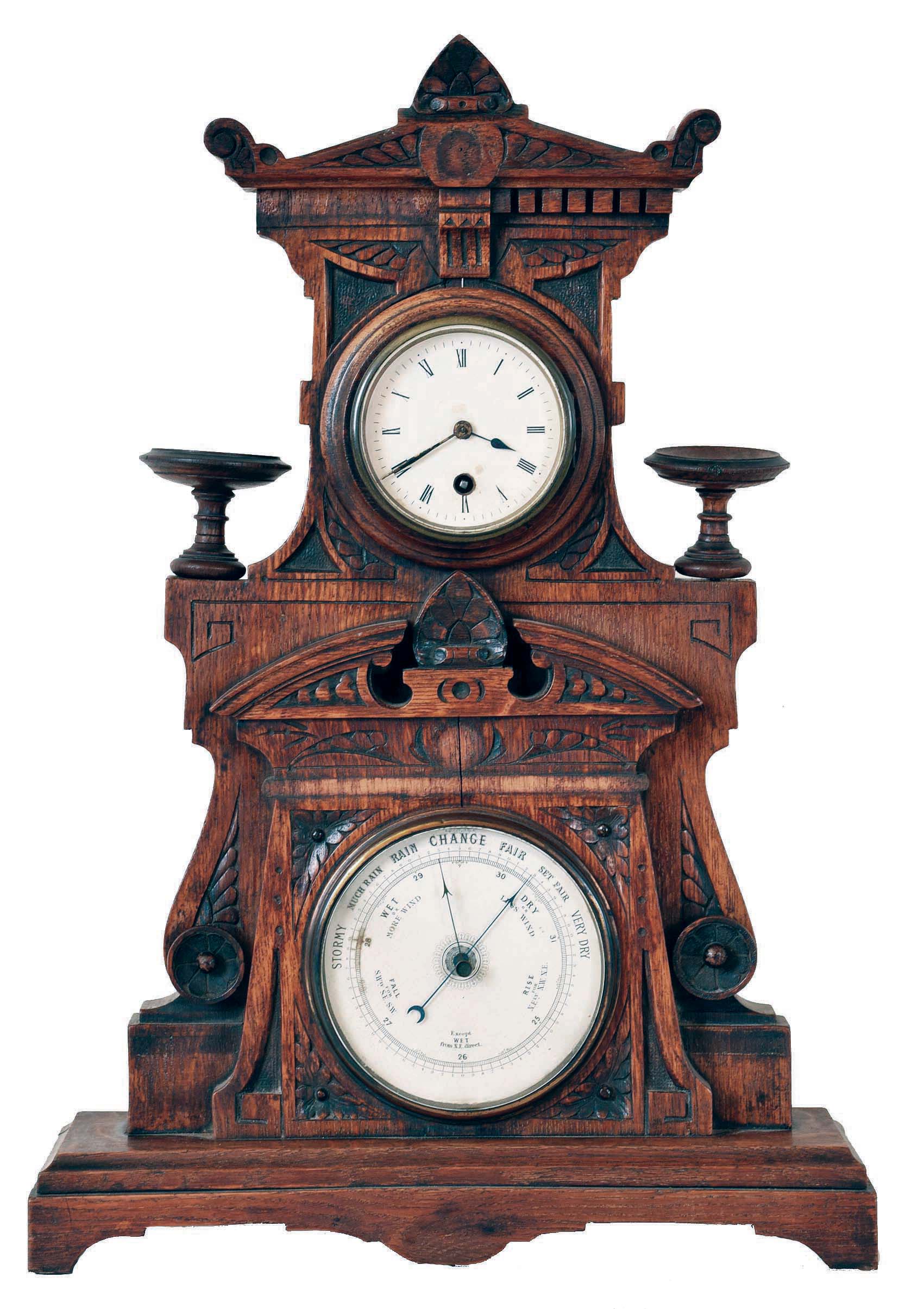 France, clock and barometer shelf clock, 8 days, time only, spring driven movement in a carved oak case with papered dials — Antique Clocks Price Guide