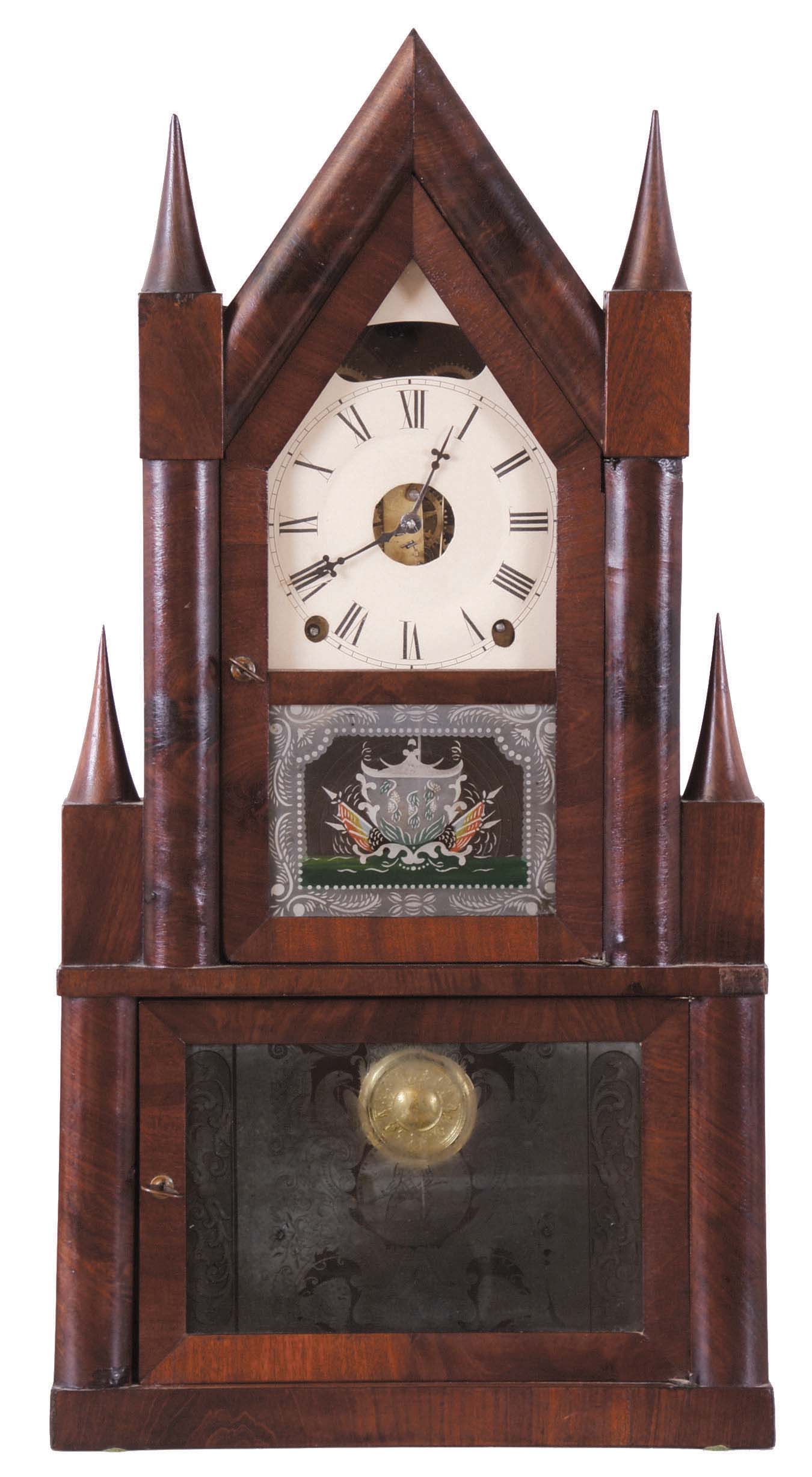 Terry &amp; Andrews, Bristol, Conn., 8 days, time and strike spring brass movement steeple on frame or steeple on steeple shelf clock. — Antique Clocks Price Guide