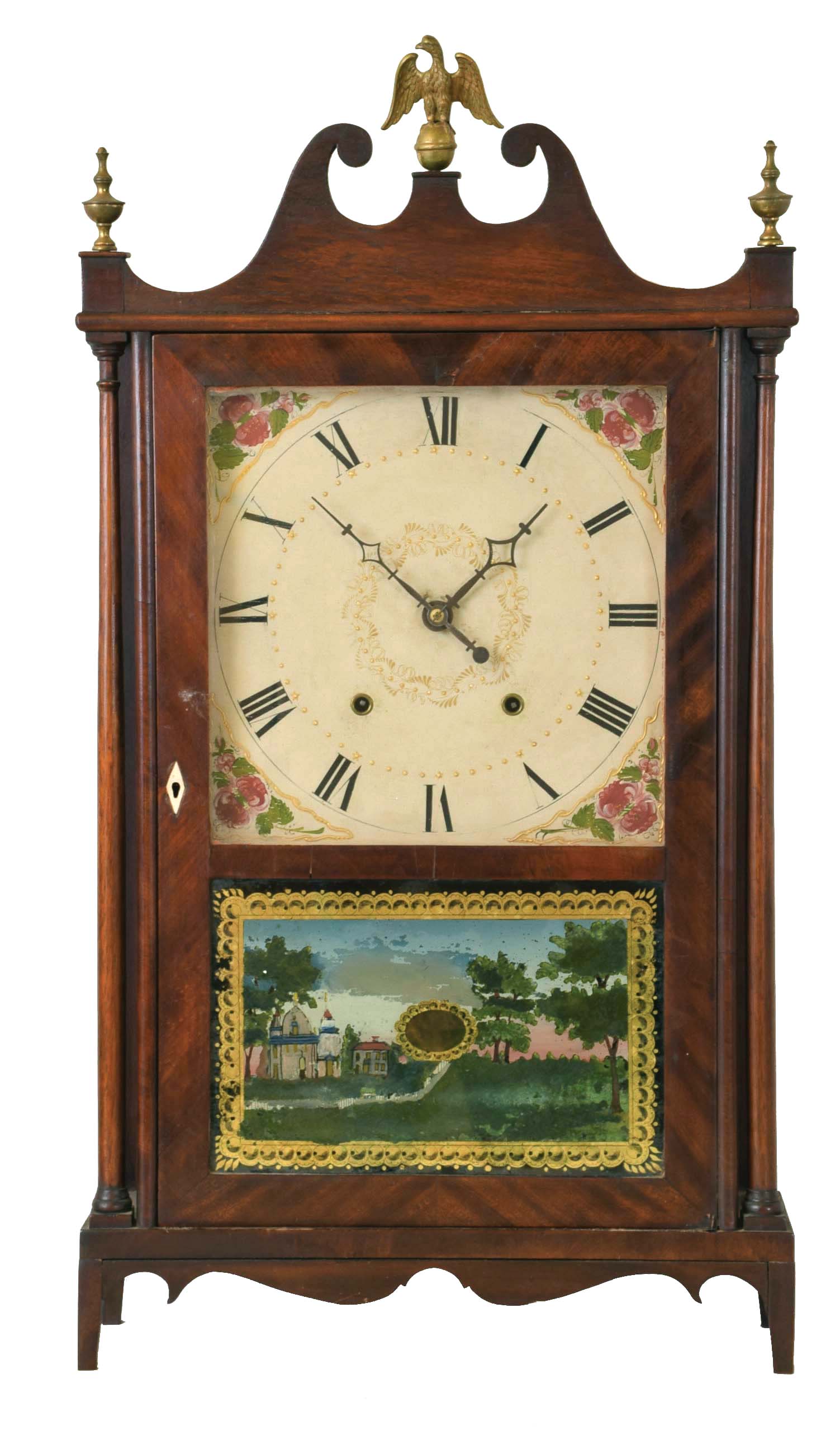 Samuel Terry, Bristol, Conn., 30 hour, time and strike weight wood movement pillar &amp; scroll shelf clock. — Antique Clocks Price Guide
