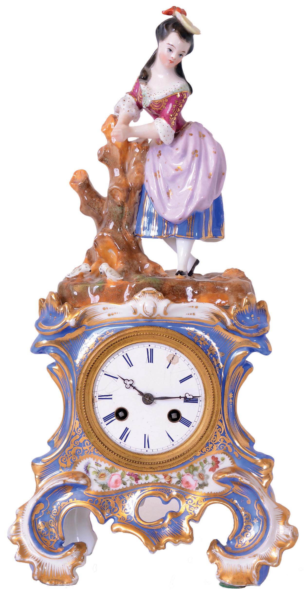 French porcelain 2-piece mantel clock, 8 day time and strike small unsigned movement with thread suspension, count wheel and bell — Antique Clocks Price Guide