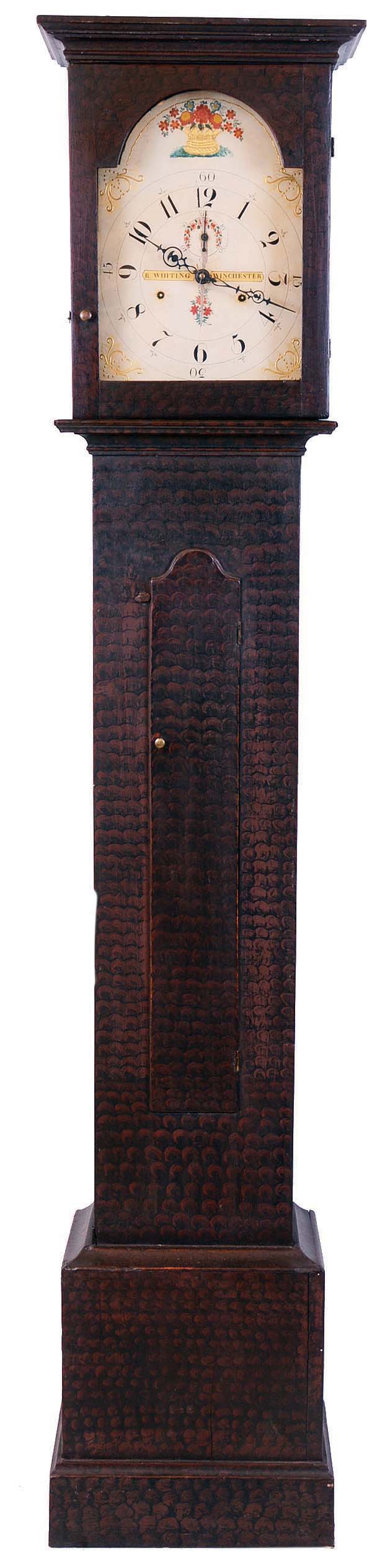 Riley Whiting, Winchester, Conn., tall clock, 30 hour, time and bell strike, wooden works weight driven movement in a grain painted flat top soft wood case with painted wooden dial. — Antique Clocks Price Guide