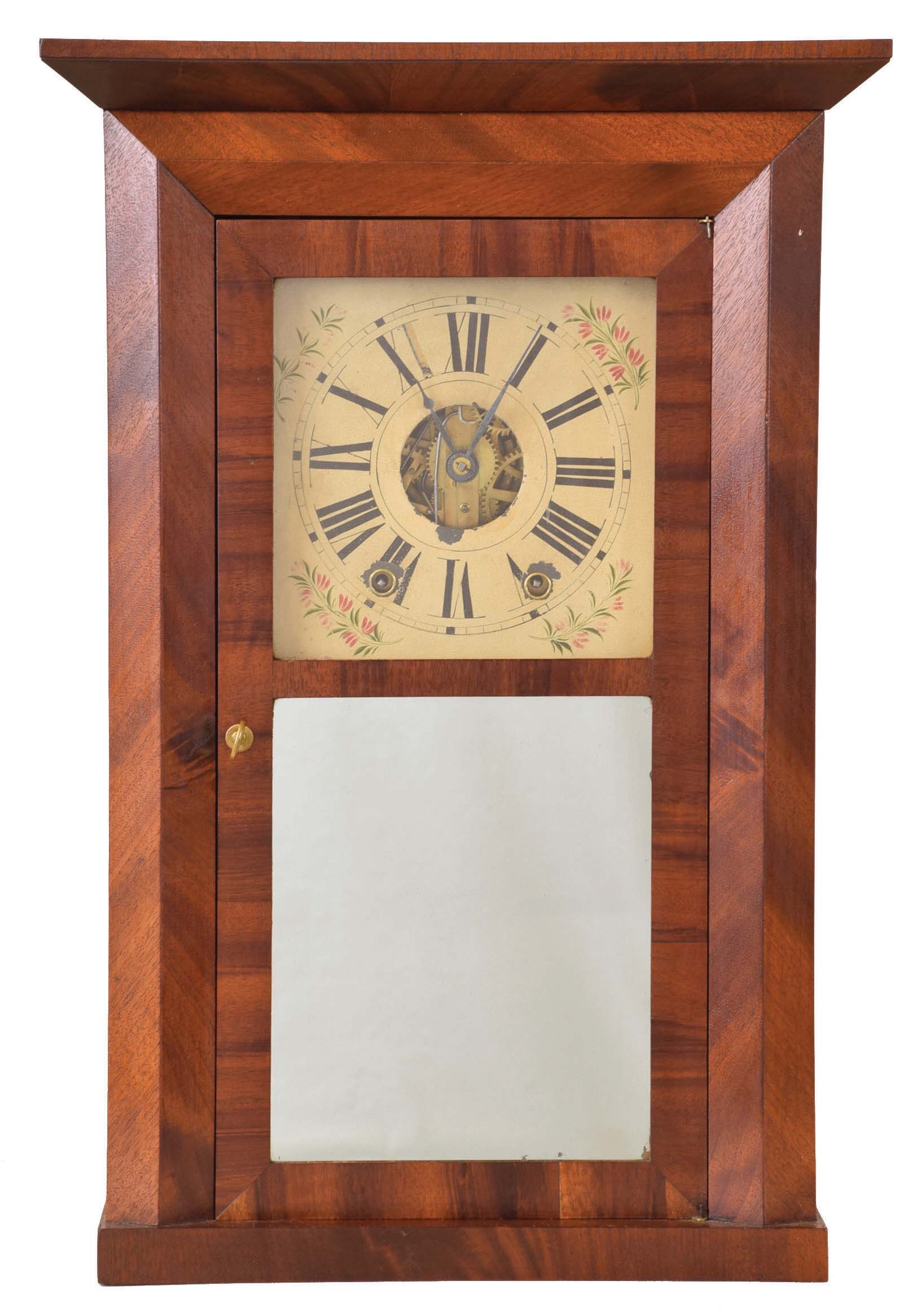 E. C. Brewster &amp; Co., Bristol, Conn., 30 hours, time and strike spring iron back plate and brass movement beveled case cornice top shelf clock. — Antique Clocks Price Guide
