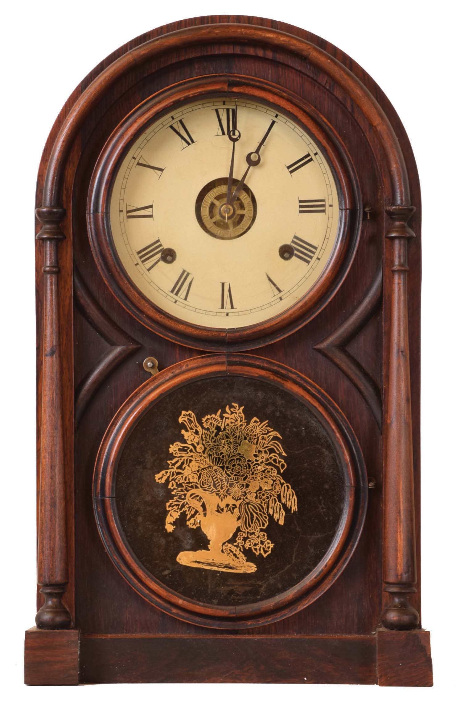 Atkins Clock Co., Bristol, Conn., "Round Top No. 1", 8 days, time, strike and alarm spring brass movement shelf clock. — Antique Clocks Price Guide