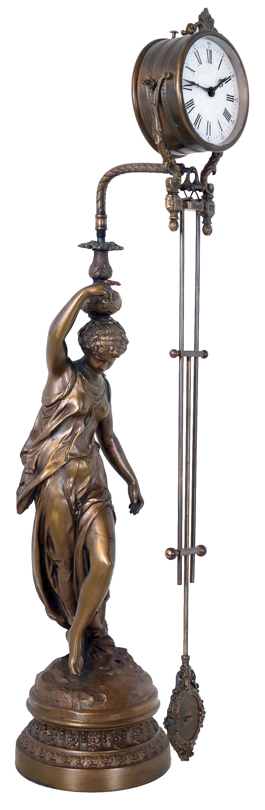 Swinging Arm clock, French, on cast-spelter figural lamp base, 8 day movement stamped "GLT". — Antique Clocks Price Guide