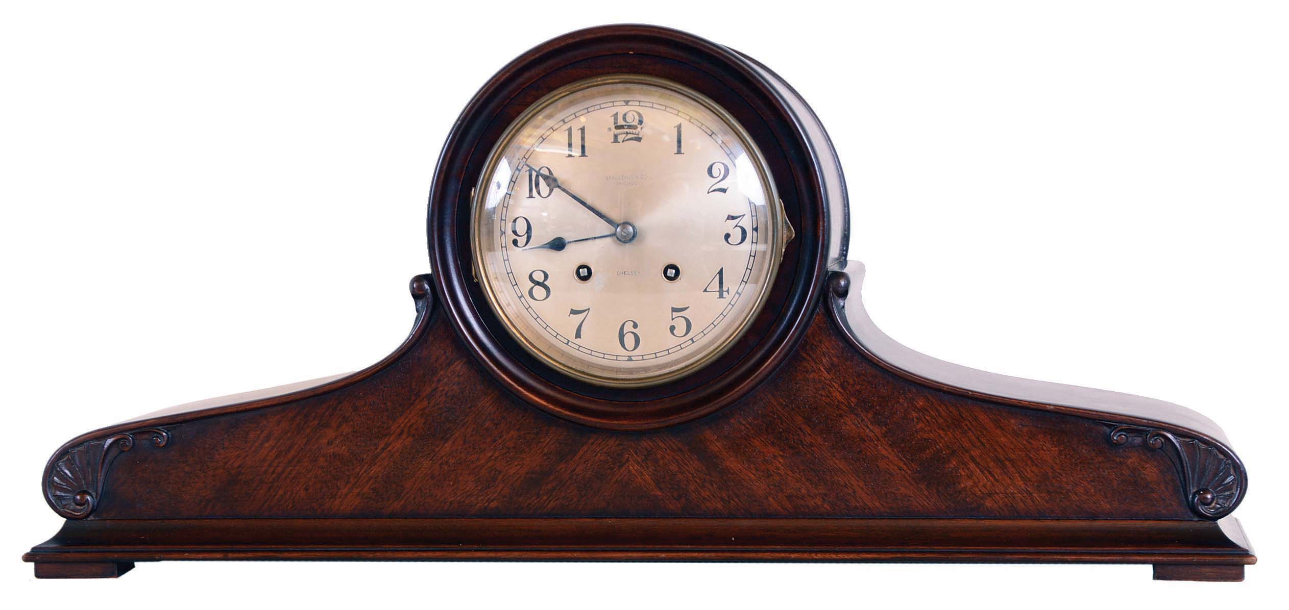 Chelsea Clock Co., Boston, Mass., for Spaulding &amp; Co., Chicago, "Babro 31" mahogany tambour 8 day house strike mantel clock, serial number 109718, — Antique Clocks Price Guide