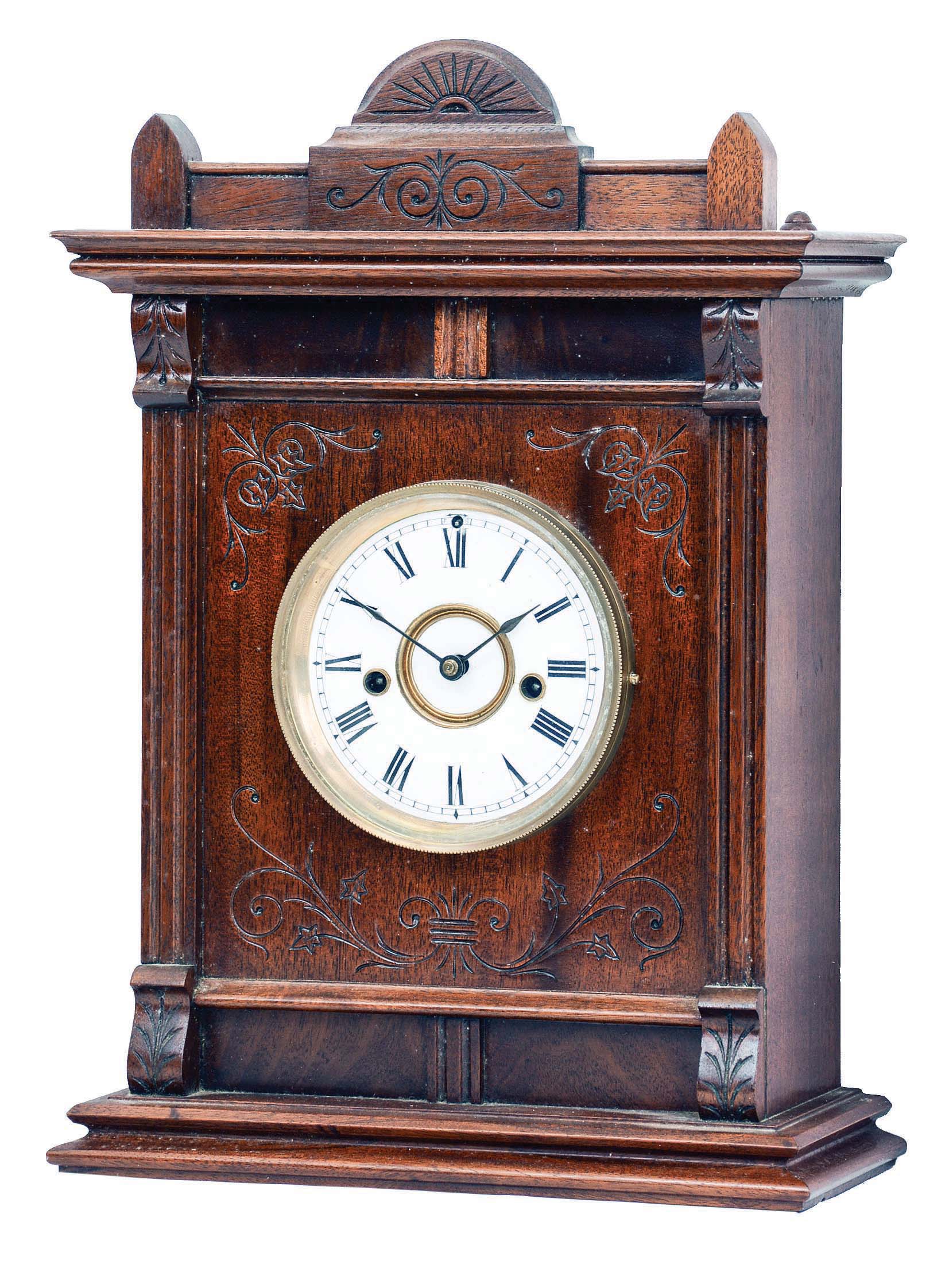 Welch, Spring &amp; Co., Forestville, Conn., "Cabinet No. 3", 8 day, time and strike spring brass movement shelf clock with "Patti" style movement. — Antique Clocks Price Guide