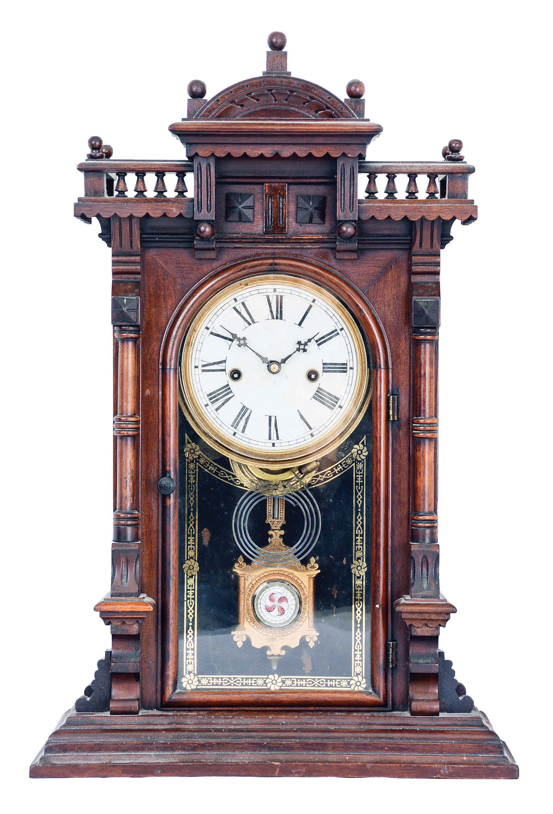 Welch, Spring &amp; Co., Forestville, Conn., "Nilsson" mantel clock with an 8 day spring driven time and half hour strike with "Patti"-style movement in a polished black walnut case. — Antique Clocks Price Guide