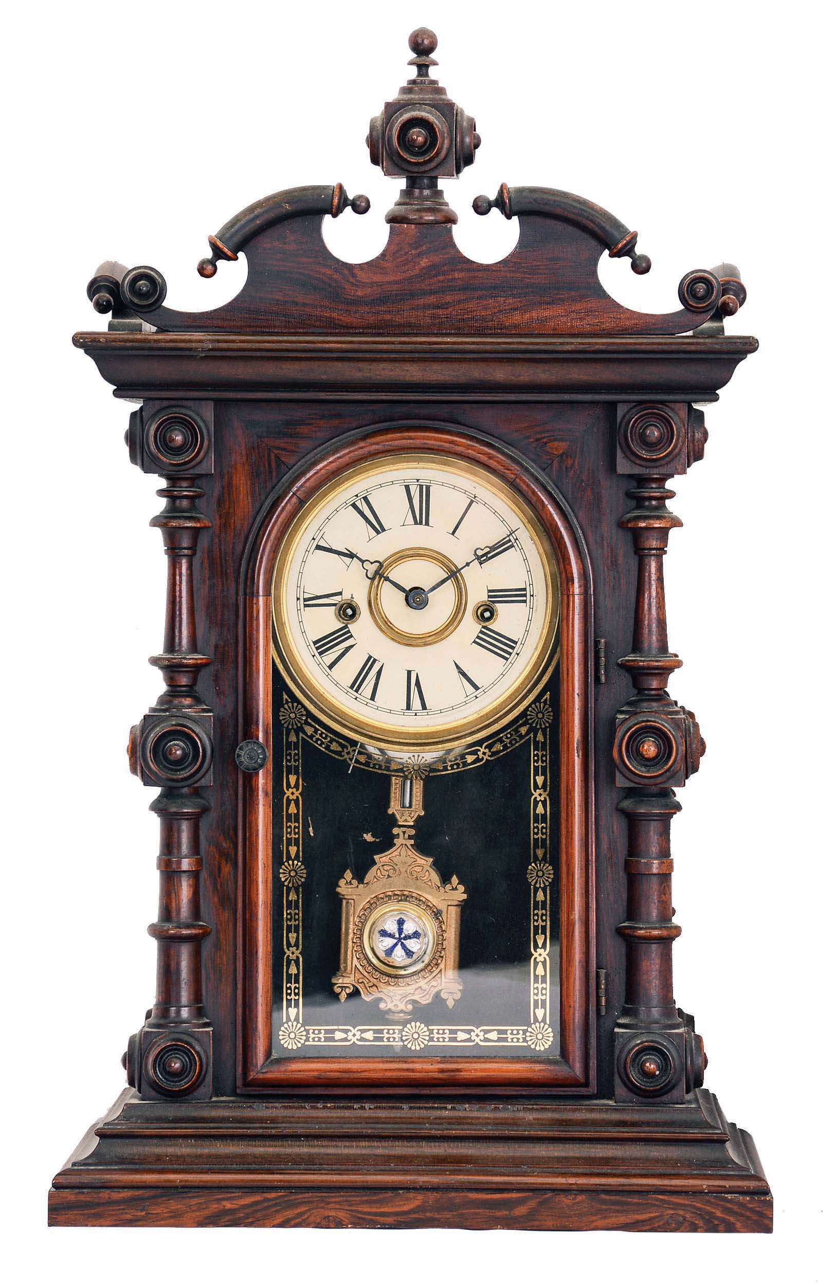 Welch, Spring &amp; Co., Forestville, Conn., "Cary VP" mantel clock with an 8 day spring driven time and strike with "Patti"-style movement in a rosewood and rosewood veneered case. — Antique Clocks Price Guide