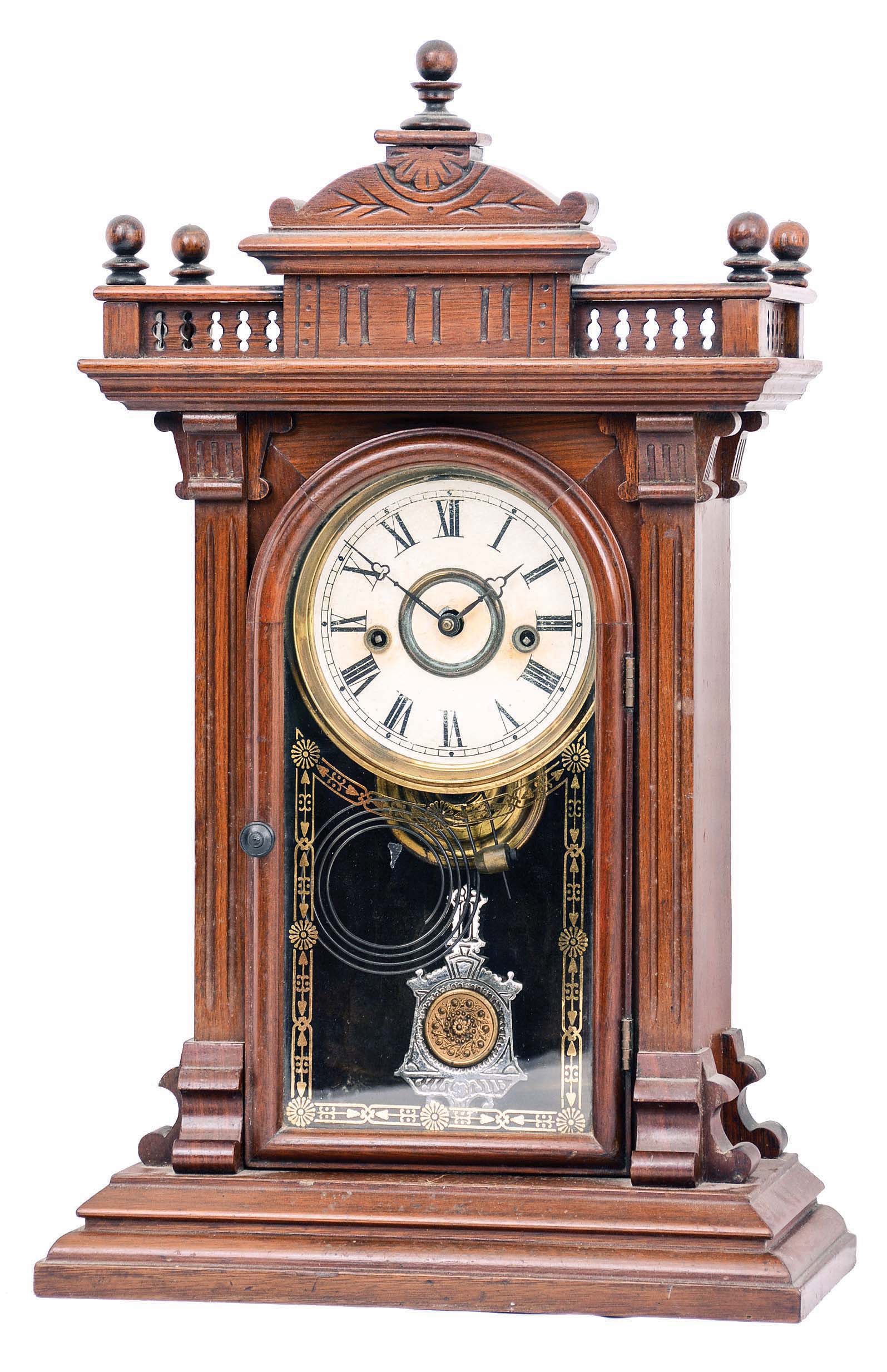 Welch, Spring &amp; Co., Forestville, Conn., "Scalchi" mantel clock with an 8 day spring driven time and strike with "Patti"-style movement in a polished black walnut case. — Antique Clocks Price Guide