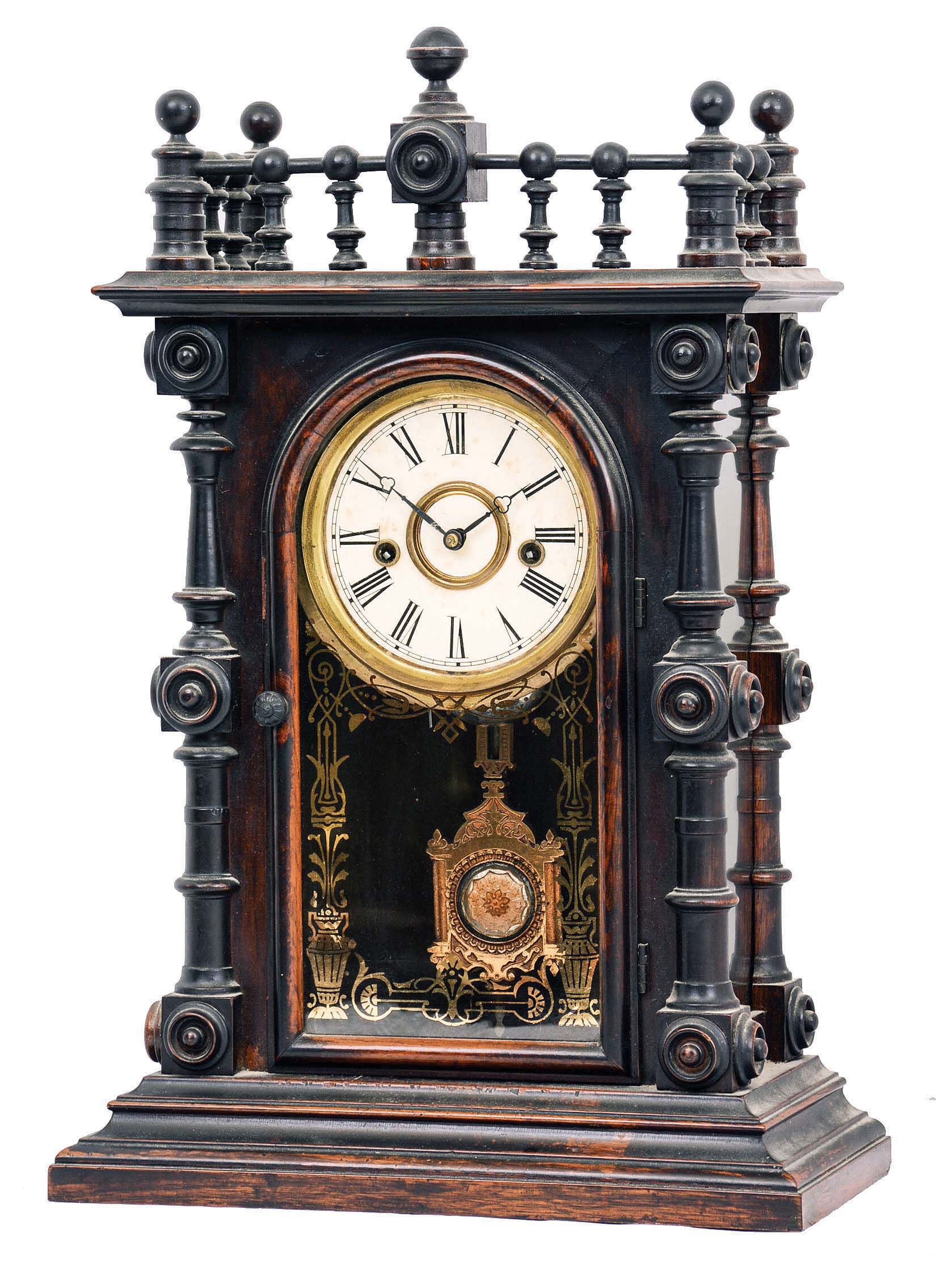 Welch, Spring &amp; Co., Forestville, Conn., "Gerster, V.P.", 8 day, time and strike spring brass shelf clock with "Patti"-style movement. — Antique Clocks Price Guide