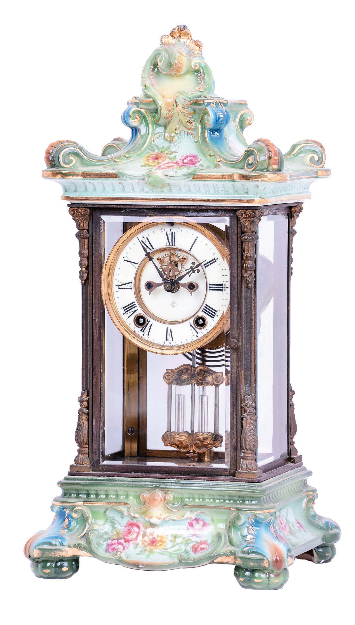 Ansonia Clock Co., New York, NY, "Porcelain Regulator No. 5" shelf clock with an 8 day spring driven time and half hour strike movement with visible escapement in a Crystal regulator case with Royal Bonn porcelain top and base. — Antique Clocks Price Guide