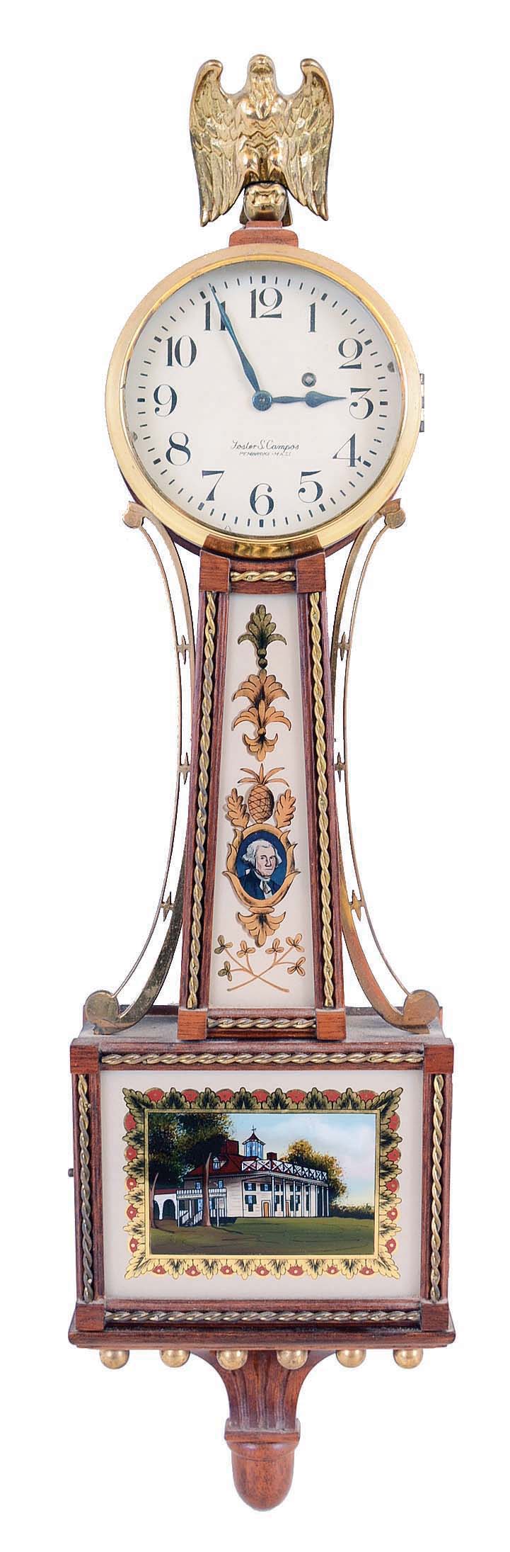 Foster Campos, Pembroke, MA, 8 day, spring brass lever movement miniature patent or banjo timepiece. Case is stamped no. 21. — Antique Clocks Price Guide