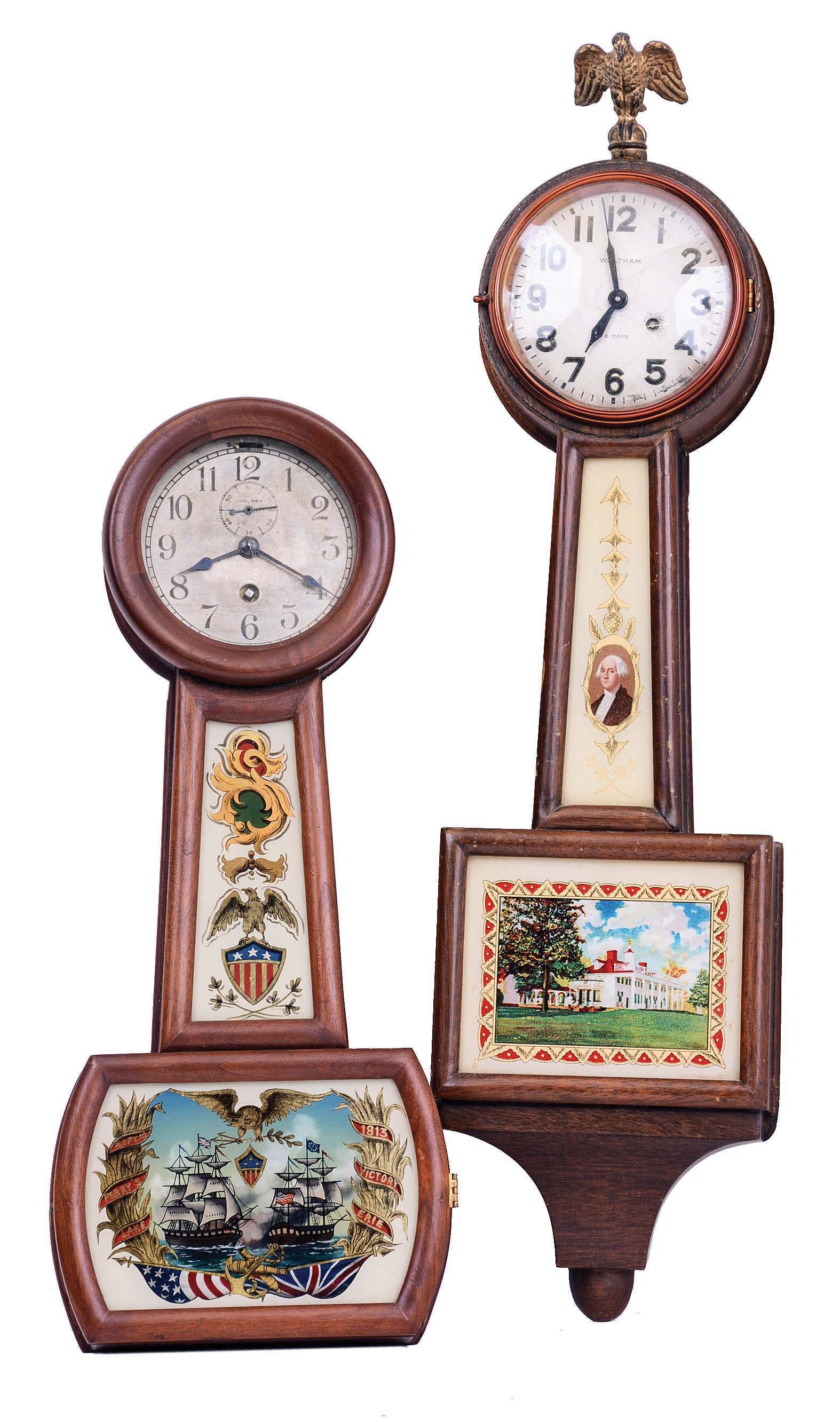 Clocks- 2 (Two): (1) Chelsea Clock Co., Boston, Mass., 8 day, spring lever movement miniature patent or banjo timepiece. Serial no. 48121, c1909. (2) Waltham Clock Co., Waltham, Mass., 8 day, spring lever movement miniature banjo timepiece. c1930 — Antique Clocks Price Guide