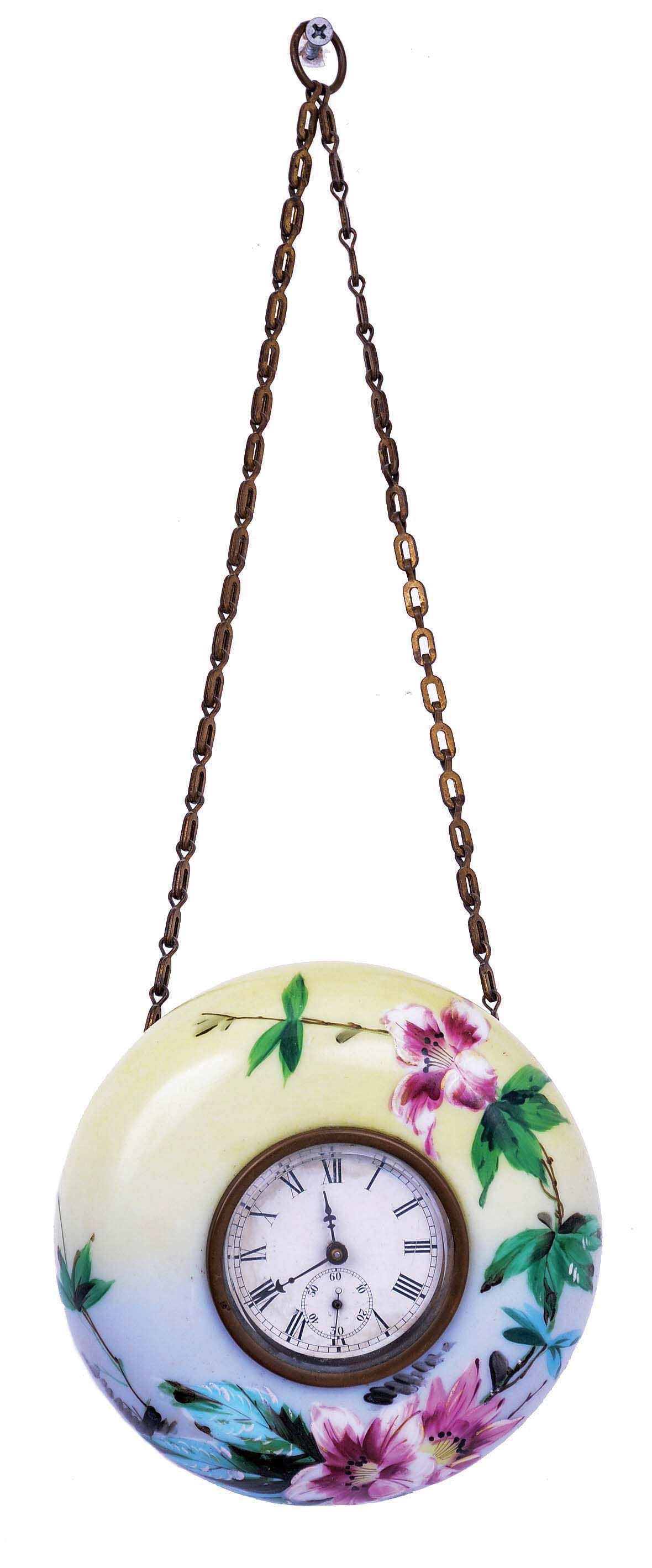 E. N. Welch Mfg. Co., Forestville, Conn., "Chatelaine" hanging clock with 30 hour backwind timepiece movement in a hand painted porcelain case. — Antique Clocks Price Guide