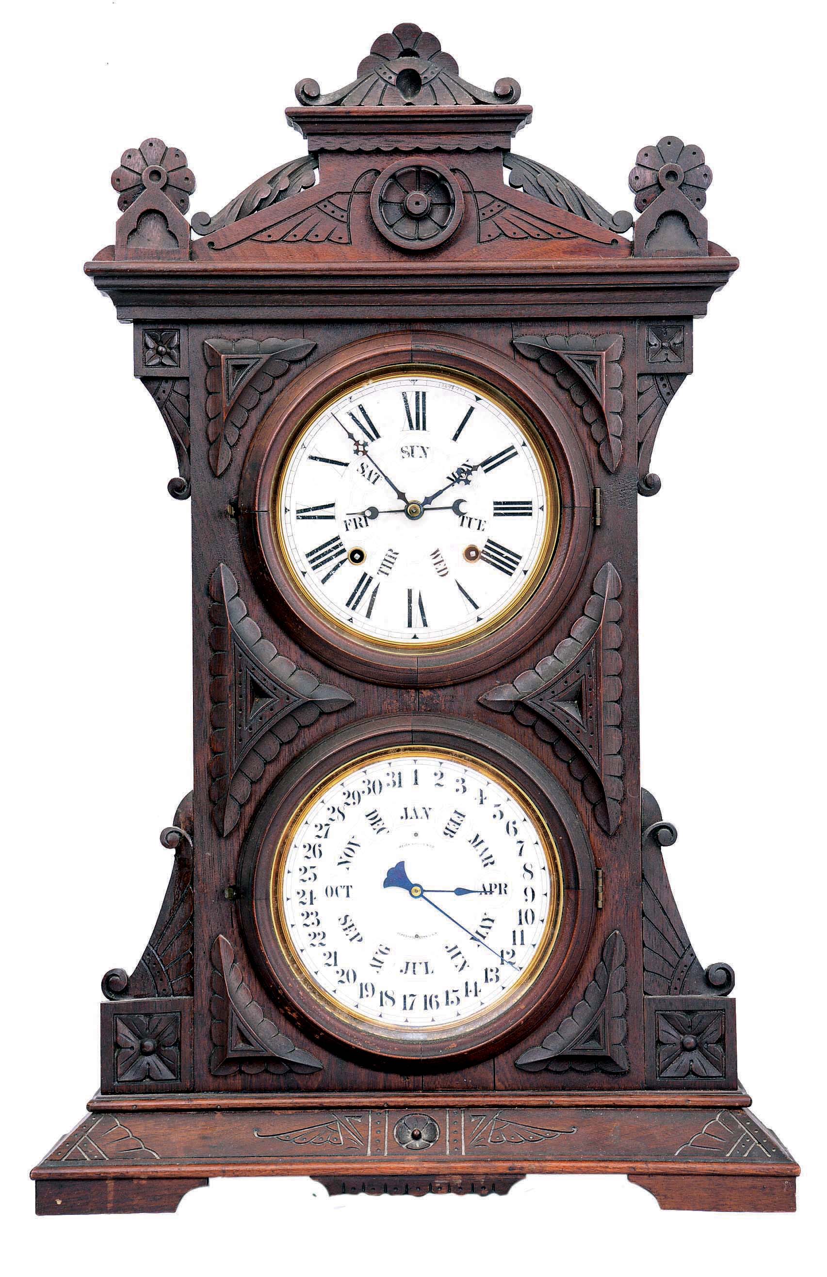 Welch, Spring &amp; Co., Forestville, Conn., "Audrian, B.W.", 8 day, time and strike, spring brass movement double dial calendar clock. — Antique Clocks Price Guide