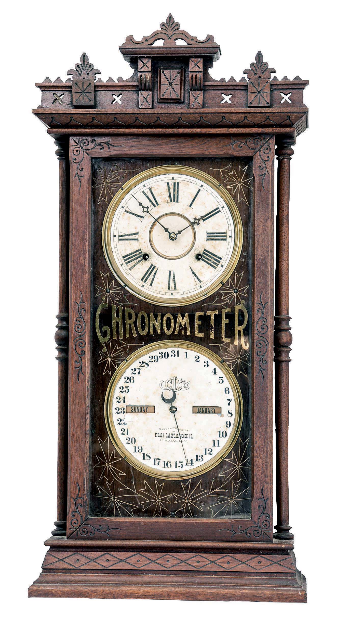 Ithaca Calendar Clock Co., Ithaca, NY, "Chronometer", 8 day, time and strike spring brass movement double dial calendar shelf clock. — Antique Clocks Price Guide
