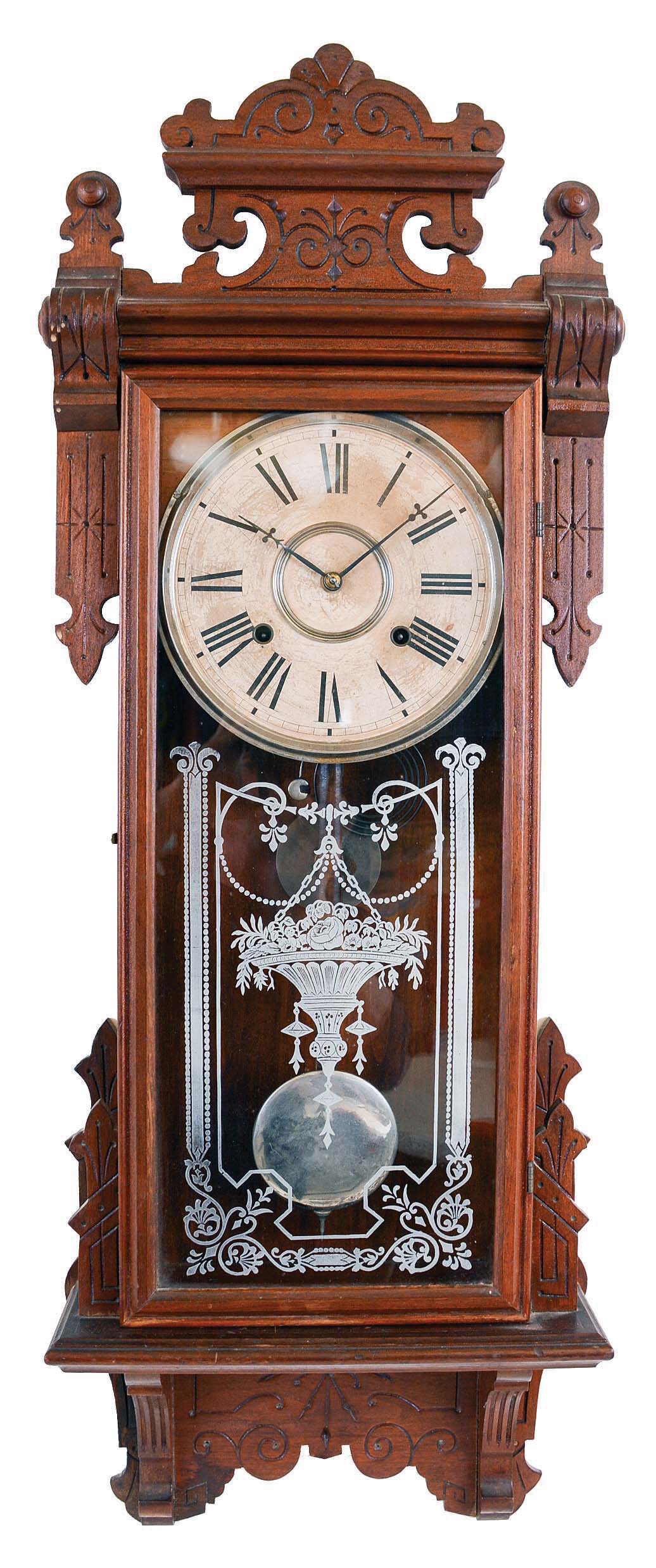 William L. Gilbert Clock Co., Winsted, Conn., "Thespian", 8 day, time and strike spring brass movement wall clock. — Antique Clocks Price Guide