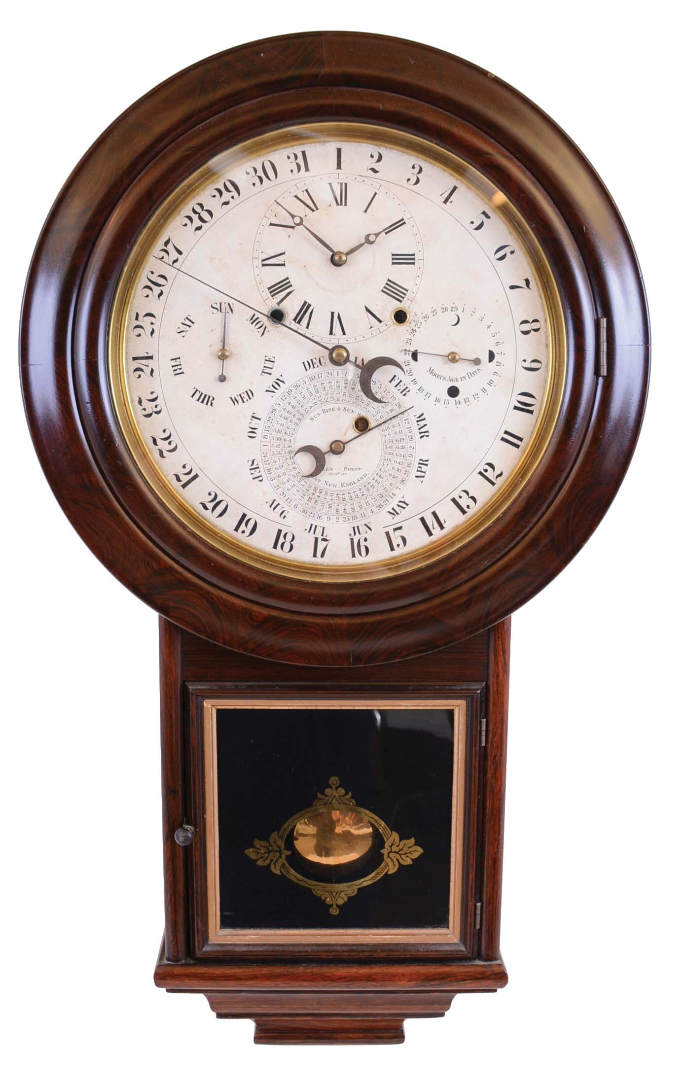 Welch, Spring &amp; Co., Forestville, Conn., "Gale Drop Calendar Model No. 2", 8 day, time and strike, spring brass movement wall clock with Daniel J. Gale's patent calendar. — Antique Clocks Price Guide