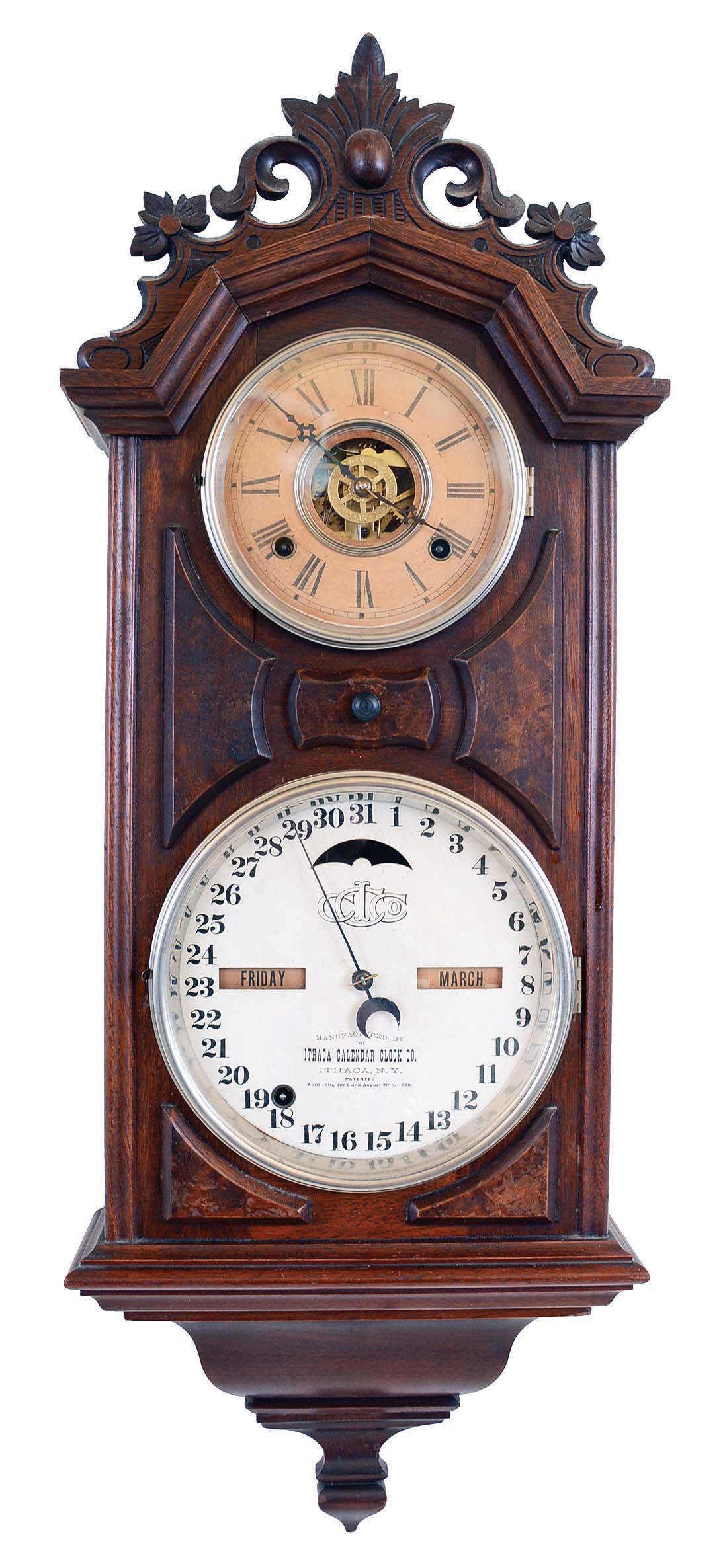 Ithaca Calendar Clock Co., Ithaca, NY, "No. 6 Hanging Library", 8 day, time, strike and alarm spring brass movement double dial calendar wall clock. — Antique Clocks Price Guide