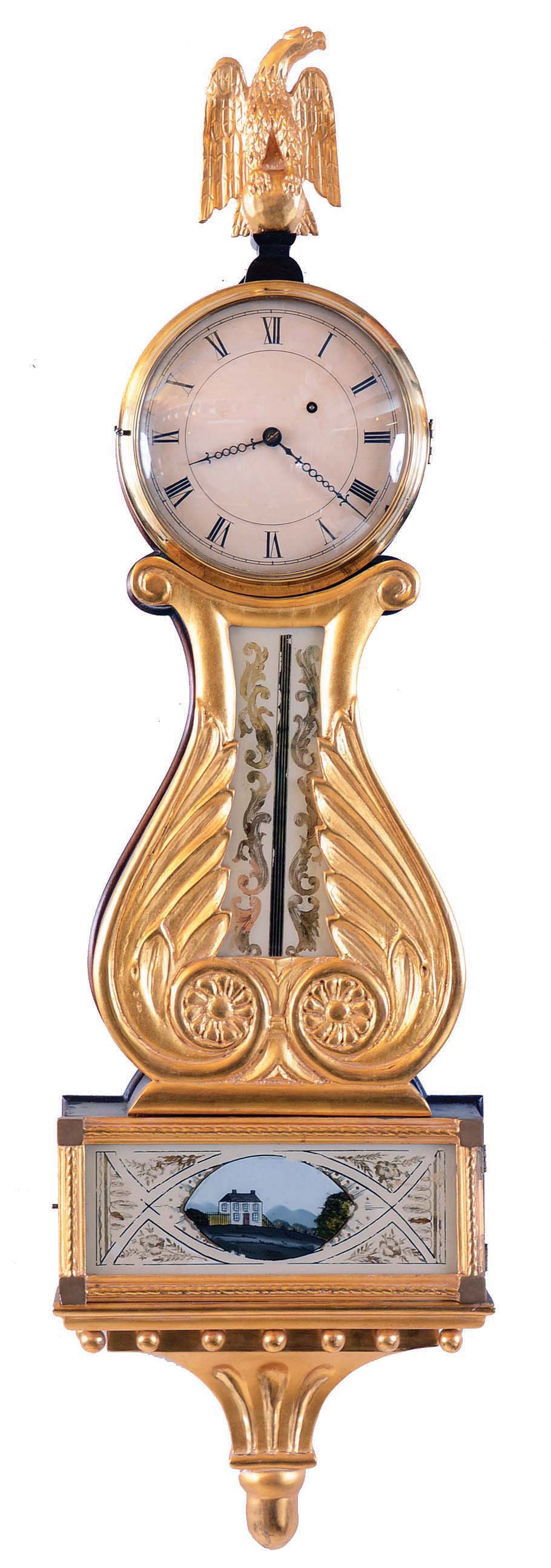 Lyre banjo, wall clock, 8 days, time only, weight driven Willard type period movement with T-bridge suspension in a reproduction gold fronted case with some older elements and reverse painted throat and lower tablets. The painted metal dial has Roman numerals and girandole style hands. — Antique Clocks Price Guide