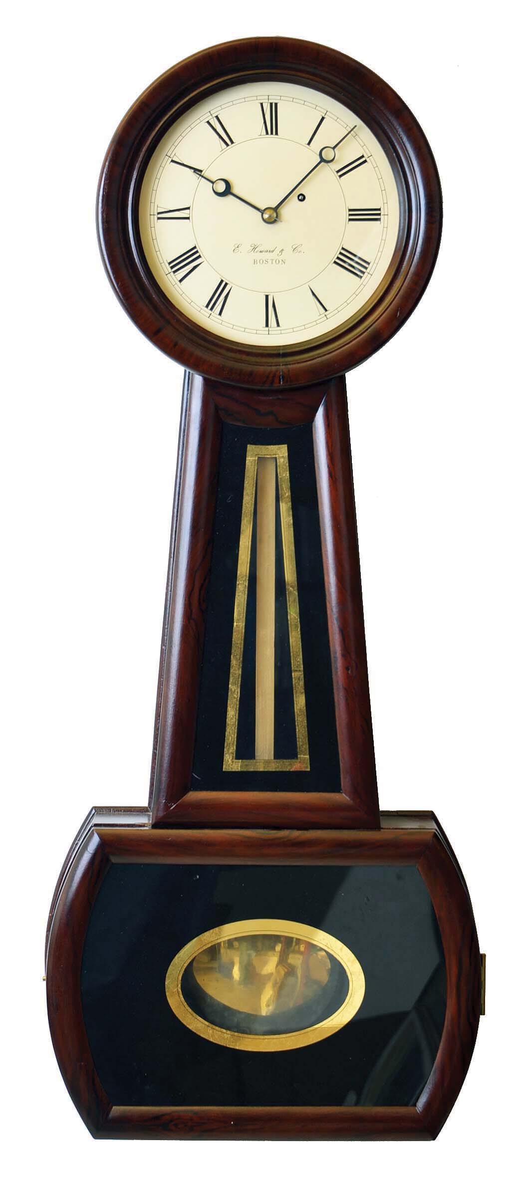 E. Howard &amp; Co., Boston, Mass., "No. 2 Regulator" (next to largest) banjo wall timepiece, weight driven, in a cherry case, with restorations. — Antique Clocks Price Guide