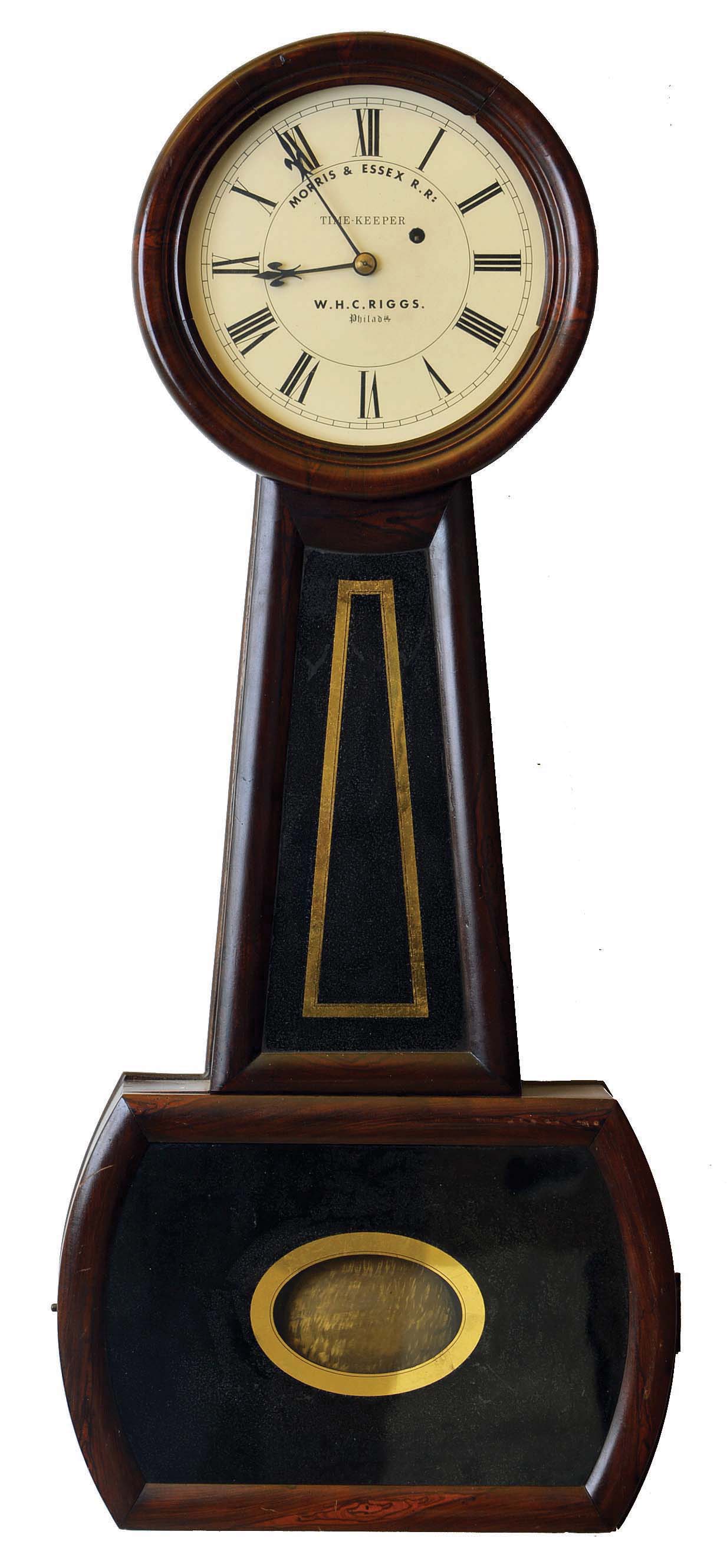W.H.C. RIGGS, Philadelphia, #3 size banjo timepiece, as manufactured by Howard of Boston for them, the dial now with Riggs name and Morris &amp; Essex RR. — Antique Clocks Price Guide