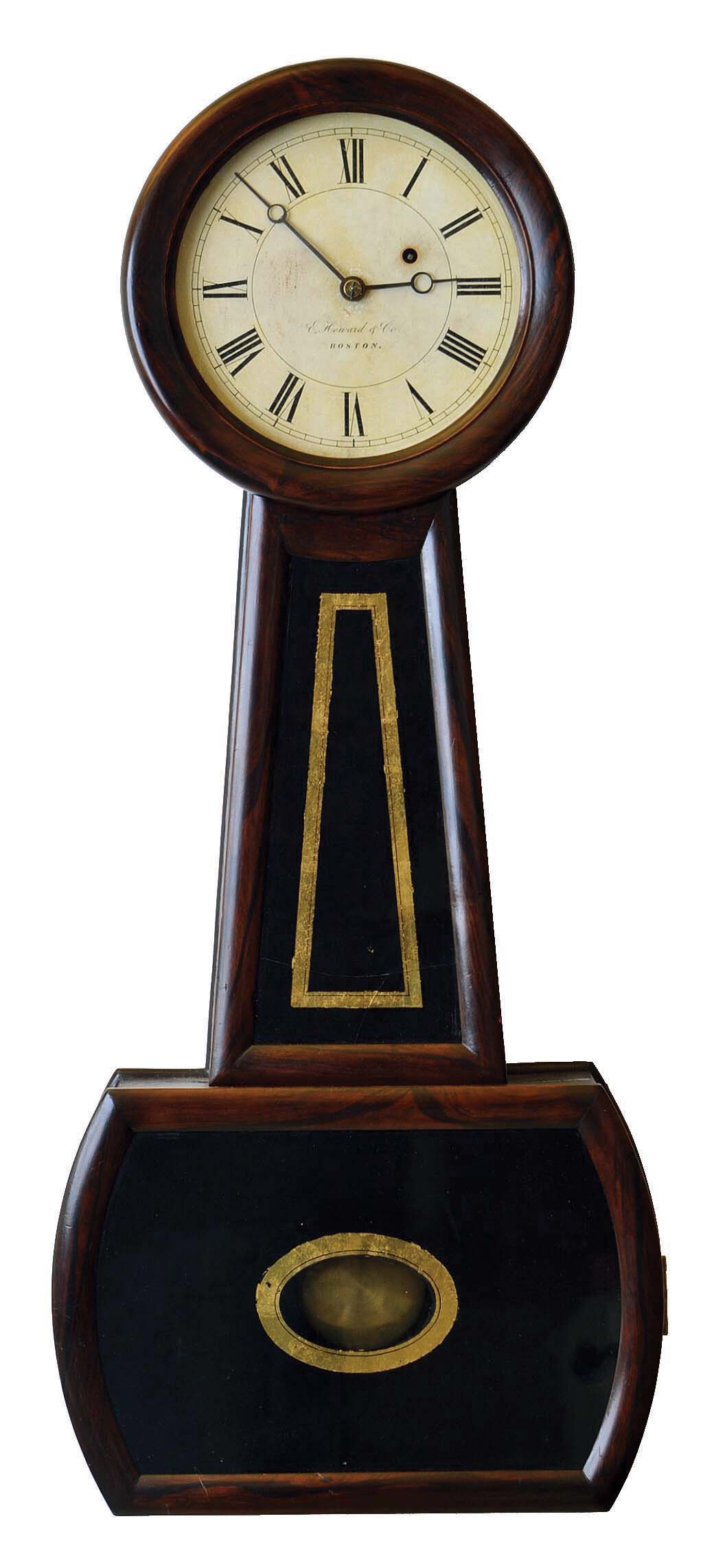 E. Howard &amp; Co., Boston, Mass., "Regulator No. 4" banjo wall clock, weight driven timepiece in a cherry case with rosewood graining and movement stamped "A. Howard". — Antique Clocks Price Guide