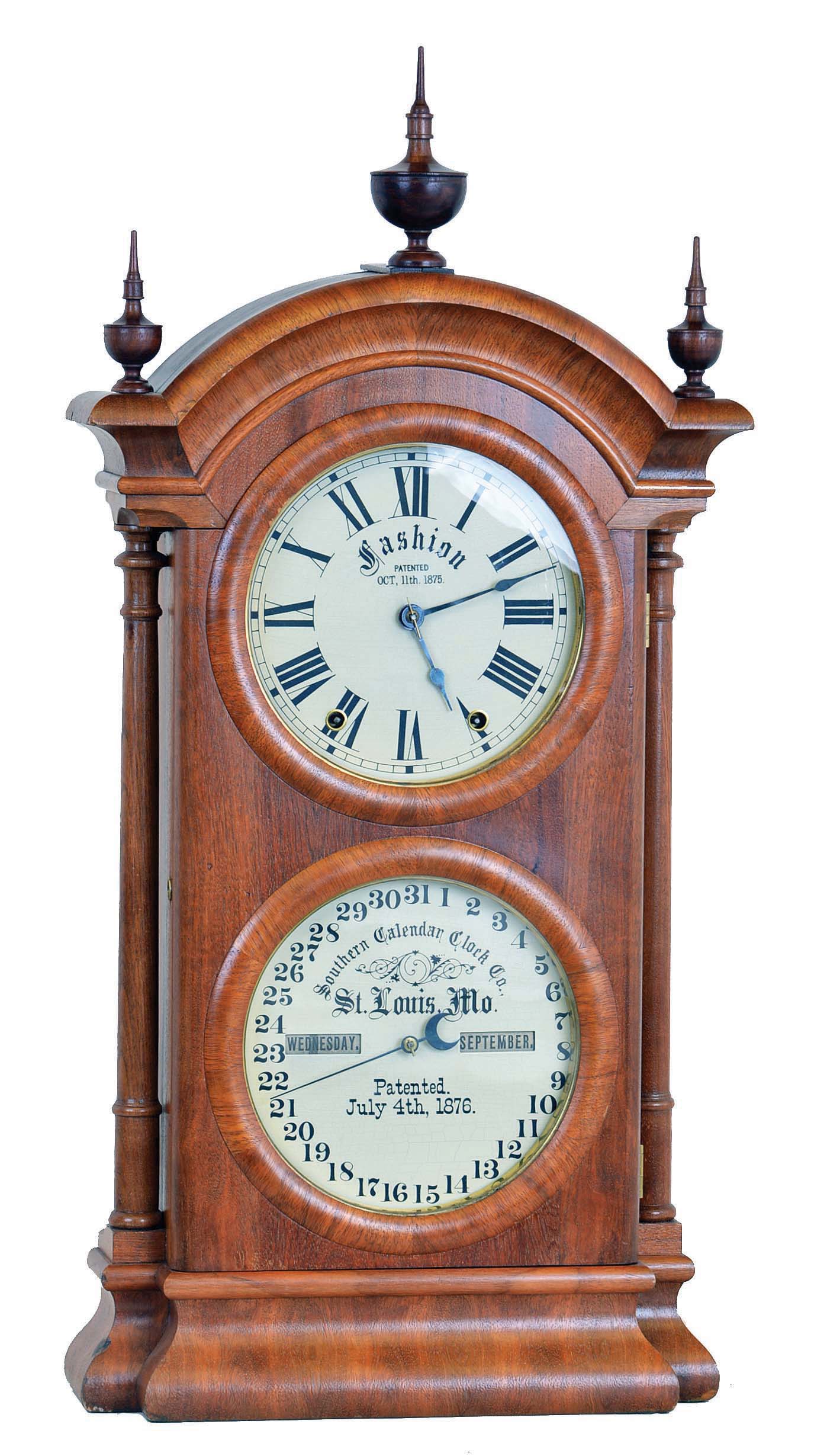 Seth Thomas Clock Co., Thomaston, Conn., "Fashion No. 2", 8 day, time and strike spring driven brass movement double dial calendar clock in a walnut case, — Antique Clocks Price Guide
