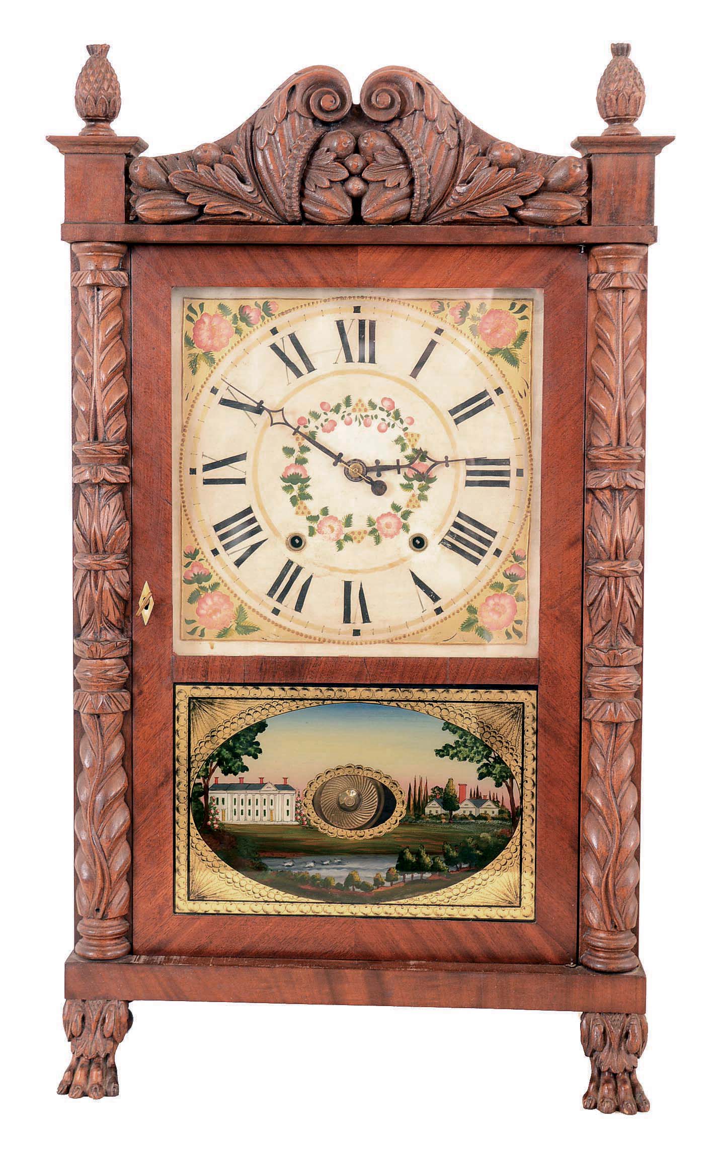 Atkins &amp; Downs, Bristol, Conn., 30 hour, time and strike weight wood movement carved column and splat shelf clock. — Antique Clocks Price Guide