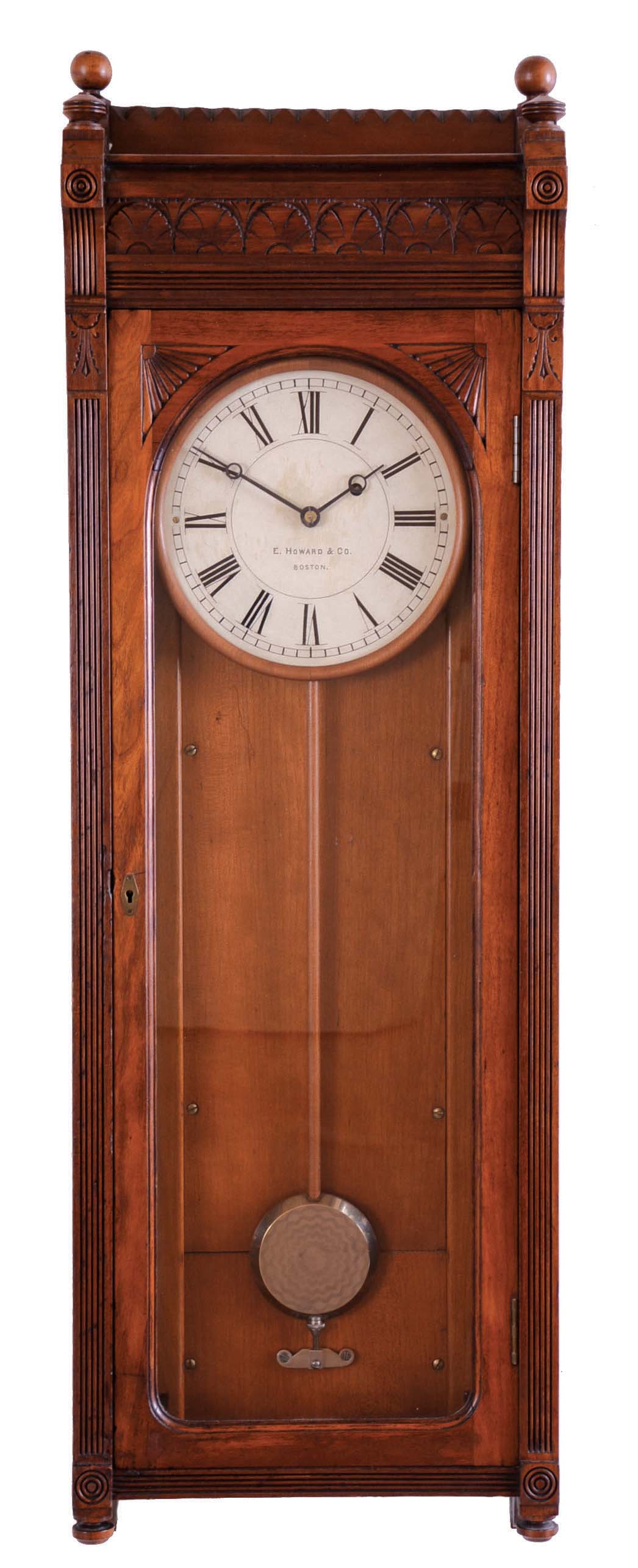 E. Howard &amp; Co., Boston, Mass., "Regulator No. 58" wall hanging clock with a weight driven 8 day timepiece movement in a cherry case. — Antique Clocks Price Guide