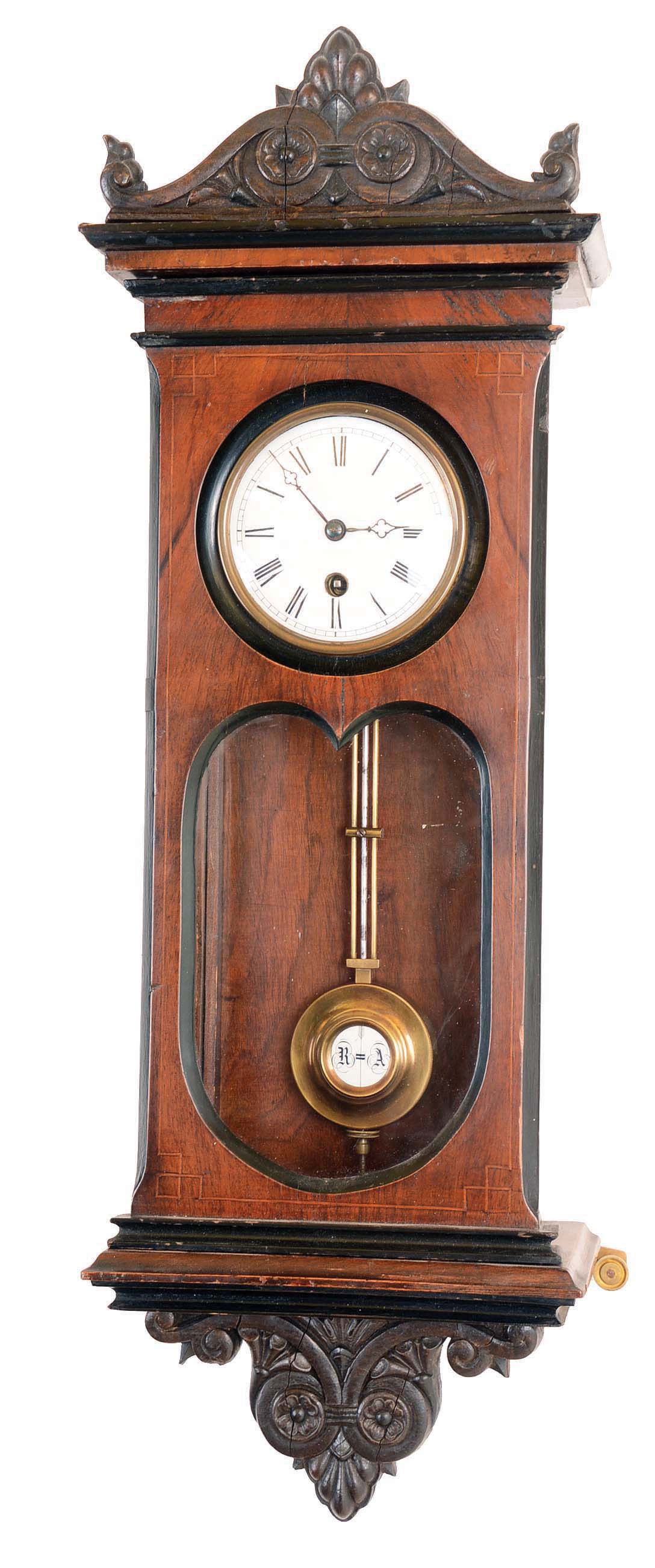 German, (Unsigned, possibly Lenzkirch) , 8 day, spring brass movement in a small inlayed mahogany with ebonized trim wall timepiece. — Antique Clocks Price Guide