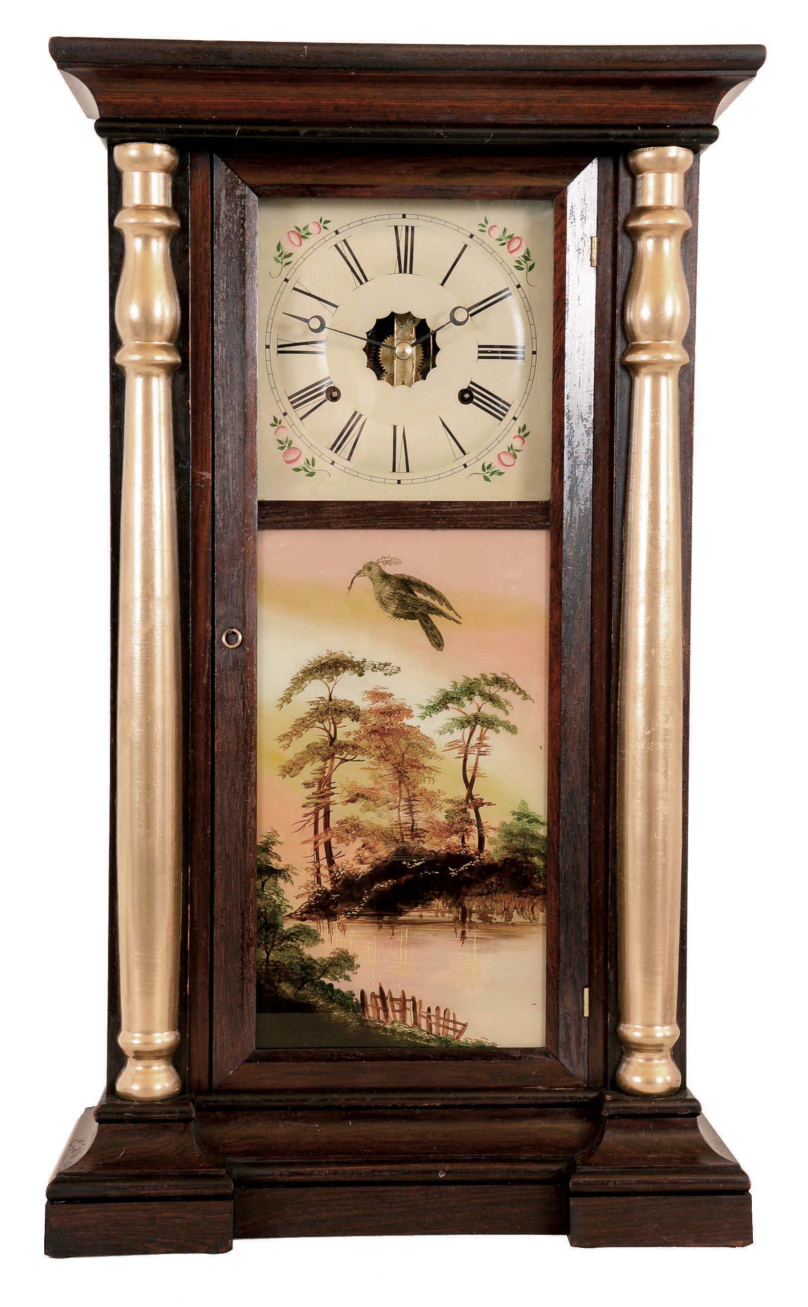 S. C. Spring &amp; Co., Bristol, Conn "Column" shelf clock with a weight driven 8 day, time and strike Ives-style strap brass movement in a rosewood veneered case. — Antique Clocks Price Guide