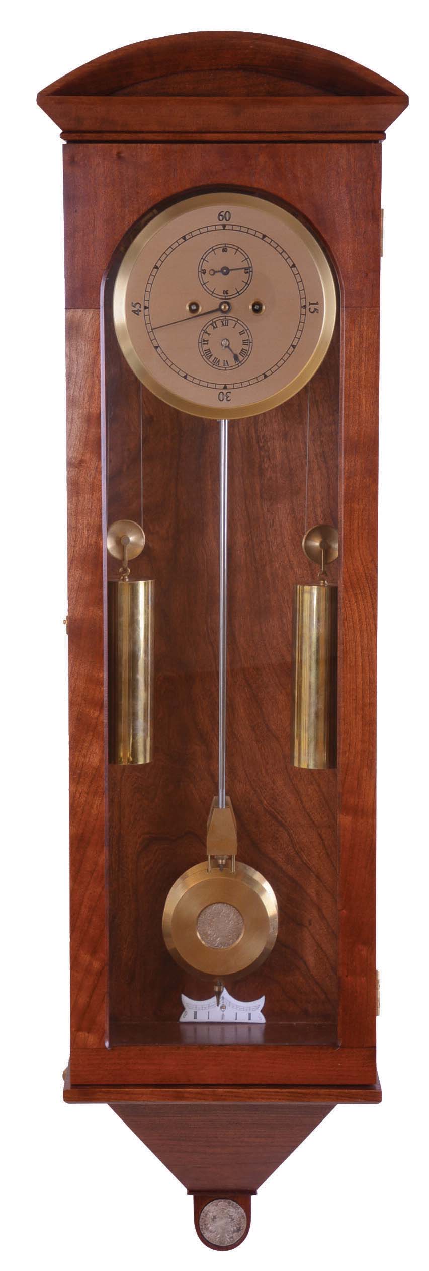 Leland Hurst, Centennial, CO, 8 day, weight-driven brass movement double pendulum Astronomical dial wall timepiece. Mr. Hurst built five of these cases. The movement was built by a Mr. Don Schaffer. — Antique Clocks Price Guide