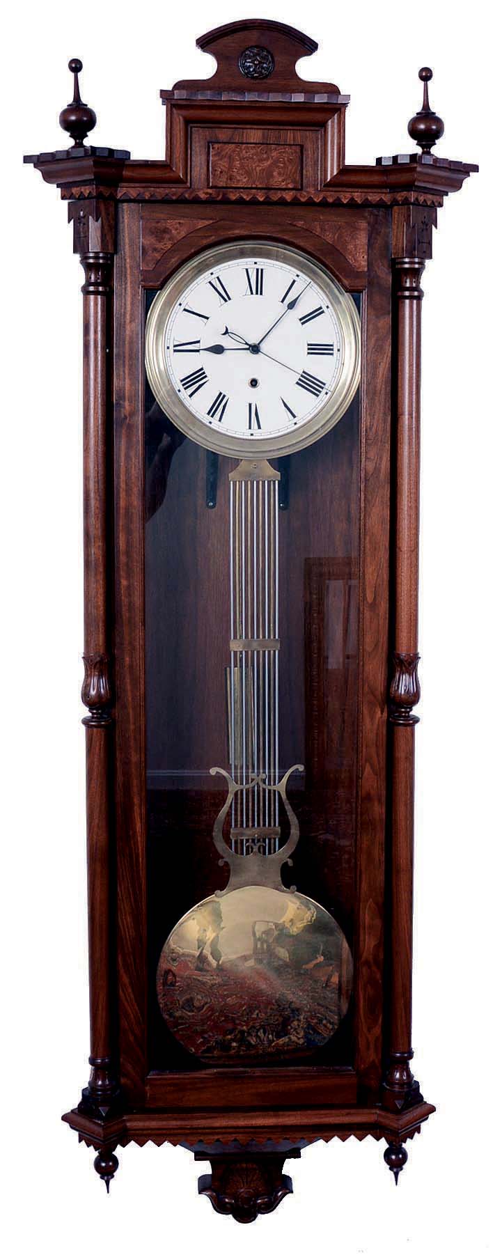 L.L. Hurst, Denver, Colorado, jeweler's regulator wall clock, a period French-made pinwheel escapement 8 day, time only, brass weight driven movement with sweep seconds and a gridiron lyre pendulum in a bird's eye mahogany case. Signed " No. 2" and dated on back and labeled on inside by maker, 1976 — Antique Clocks Price Guide