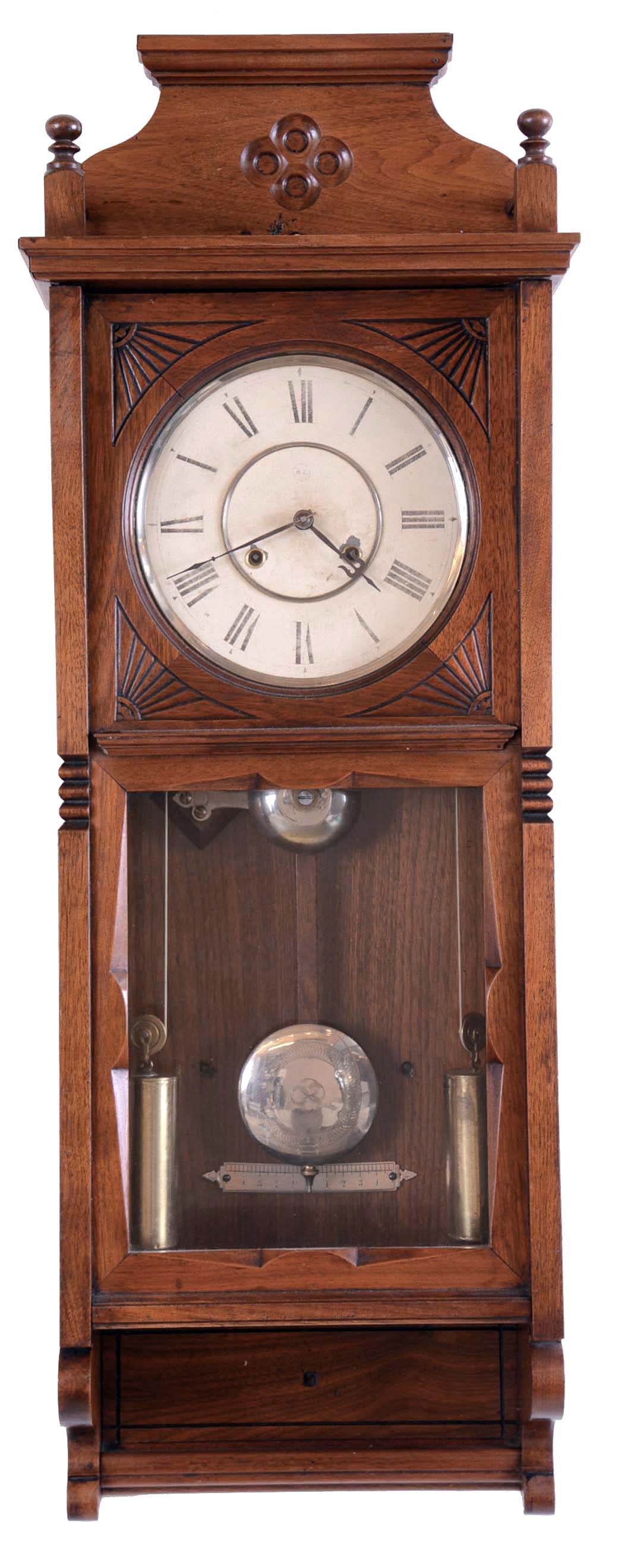 Seth Thomas Clock Co., Thomaston, Conn., "Flora" wall clock with an 8 day weight driven time and strike (cathedral gong) movement in a walnut case. — Antique Clocks Price Guide