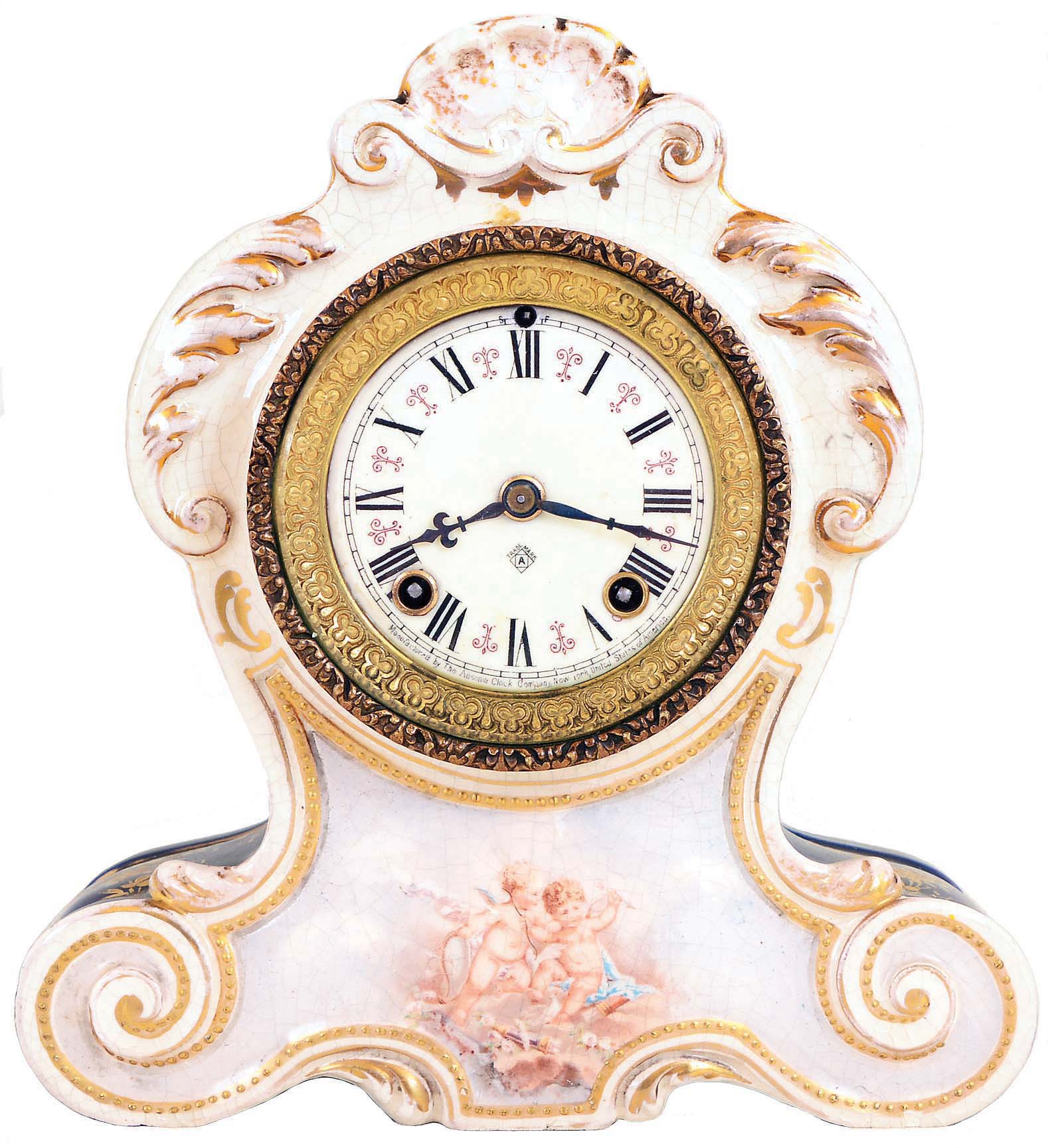 Ansonia Clock Co., New York, NY, 8 day, time and strike spring brass movement porcelain mantel clock. — Antique Clocks Price Guide