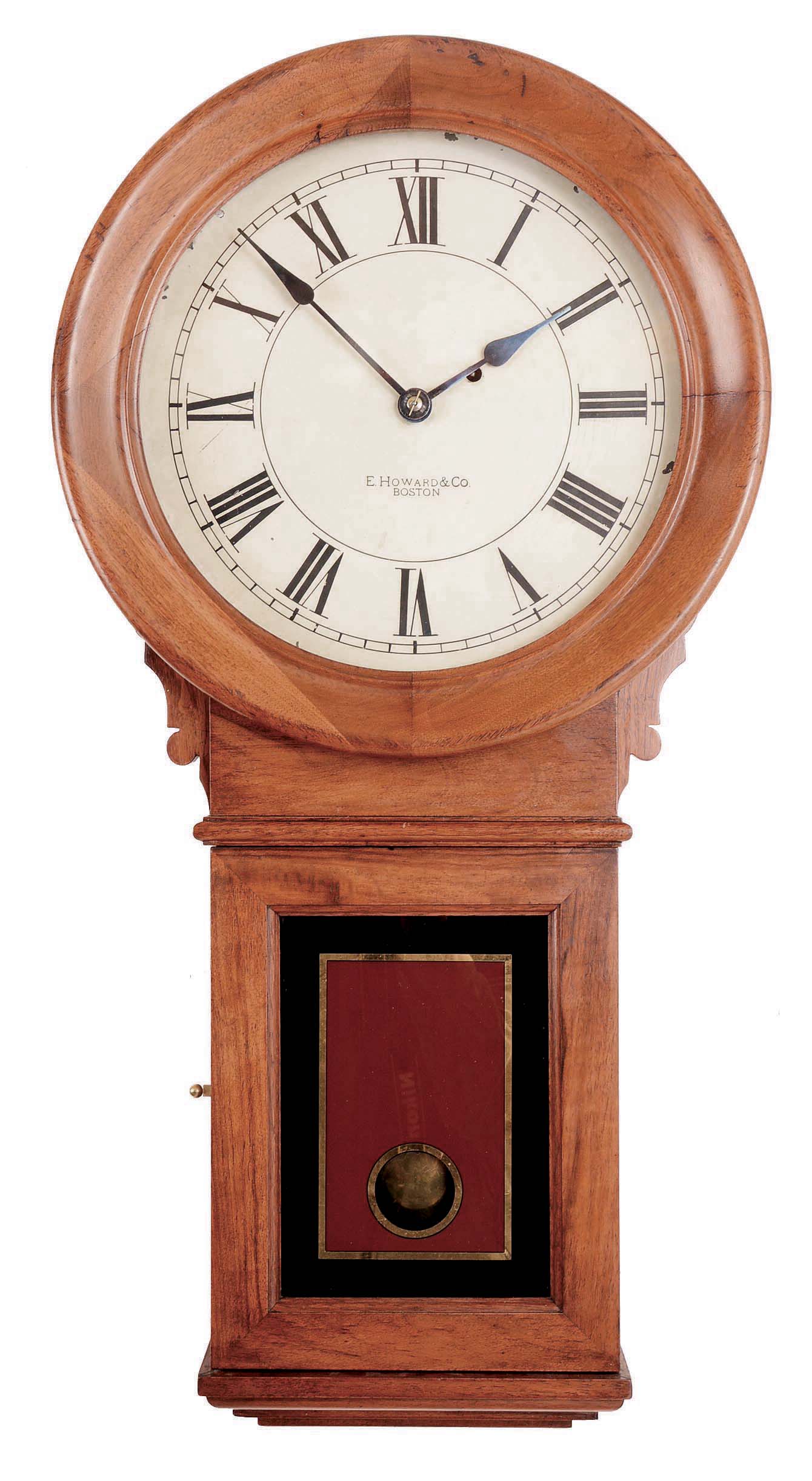 E. Howard &amp; Co., Boston, Mass., "No. 70" wall clock with a weight driven 8 day brass movement regulator timepiece in a walnut case. — Antique Clocks Price Guide