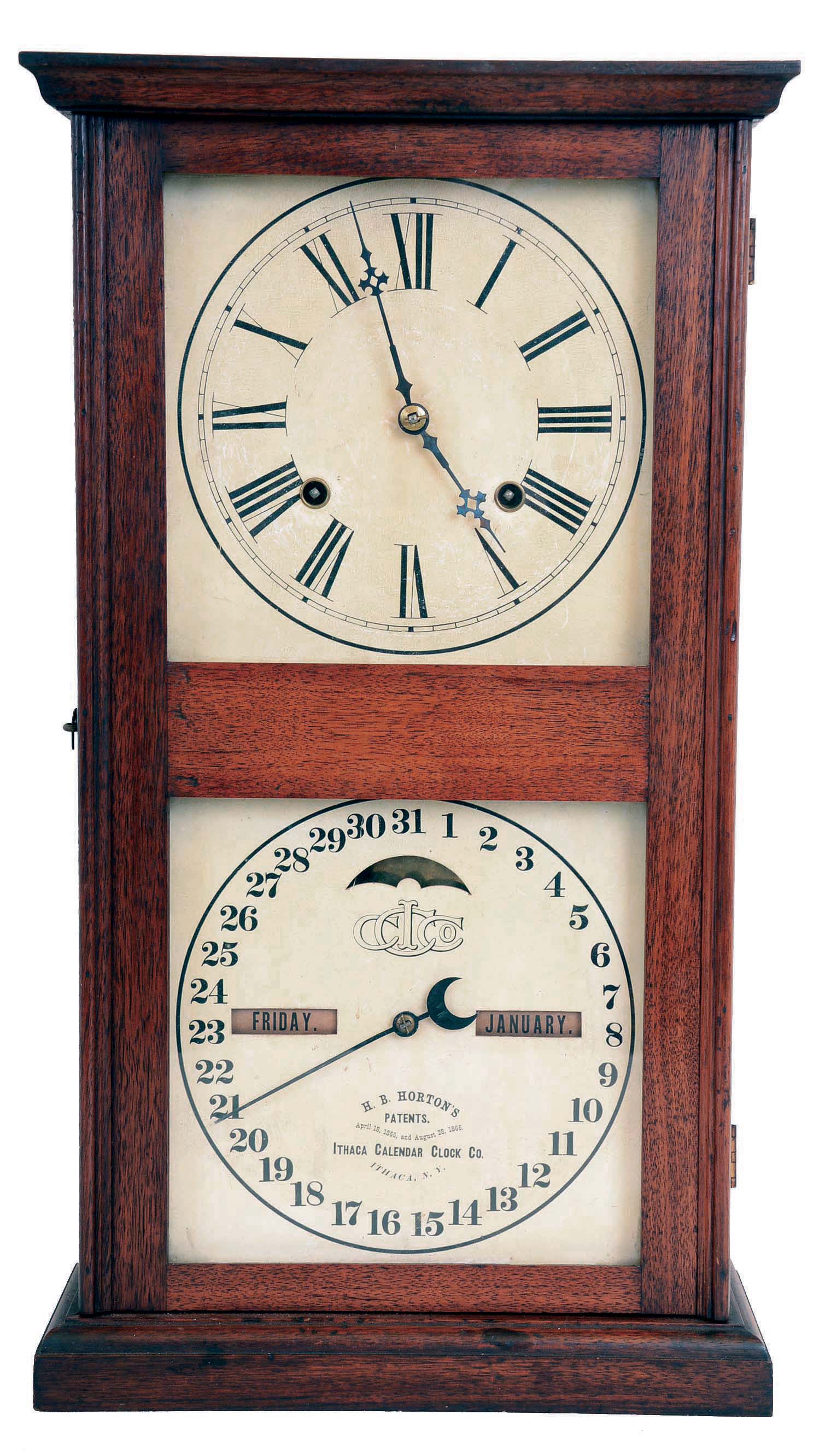 Ithaca Calendar Clock Co., Ithaca, NY, "No. 10 Farmer's" shelf clock with a spring driven 8 day time &amp; strike movement (by E. N. Welch) with Horton's perpetual calendar mechanism. — Antique Clocks Price Guide
