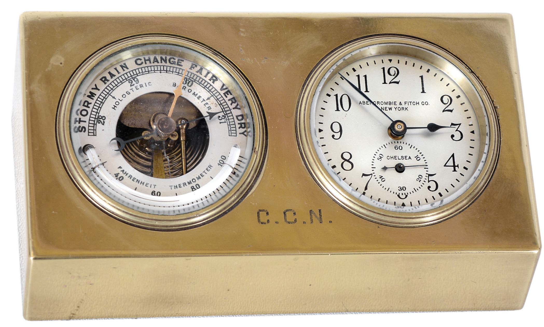 Chelsea Clock Co., Boston, Mass., "Hamilton", for Abercrombie &amp; Fitch Co., New York, brass 8 day time only desk clock and barometer set, with curved thermometer, serial 181016 — Antique Clocks Price Guide
