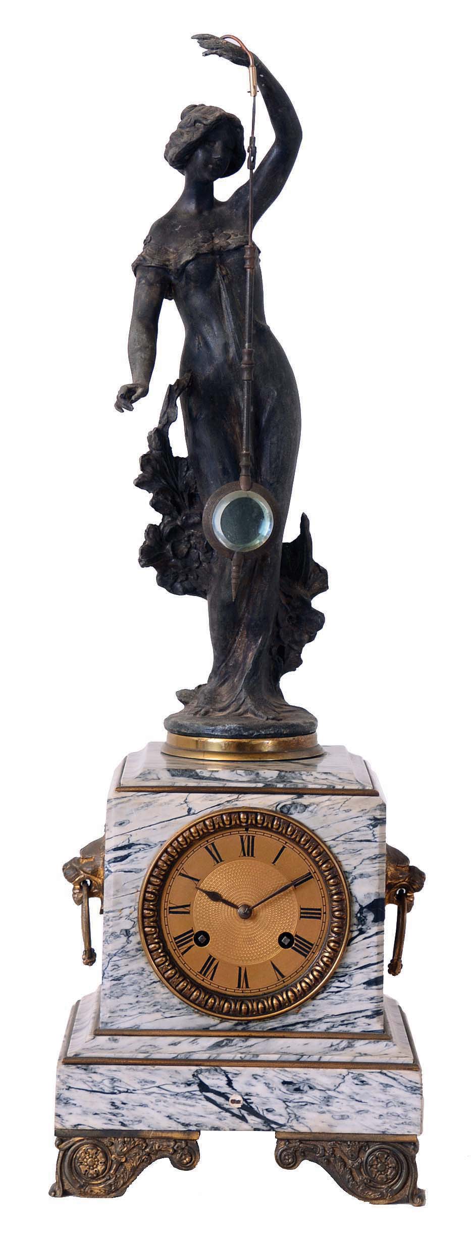 Guilmet, France, mystery clock, blue gray variegated marble case with lion mask handles and Empire style gilt feet, surmounted by an associated patinated female figure, her left hand held aloft, and suspending the pendulum, impulsed through the nearly imperceptible movement of the gilt base on which the she stands, gilt Roman numeral engine turned dial, blued steel hands, 8 day time and strike movement with crank and stirrup escapement, back plate with Guilmets mark and numbered 1286 — Antique Clocks Price Guide