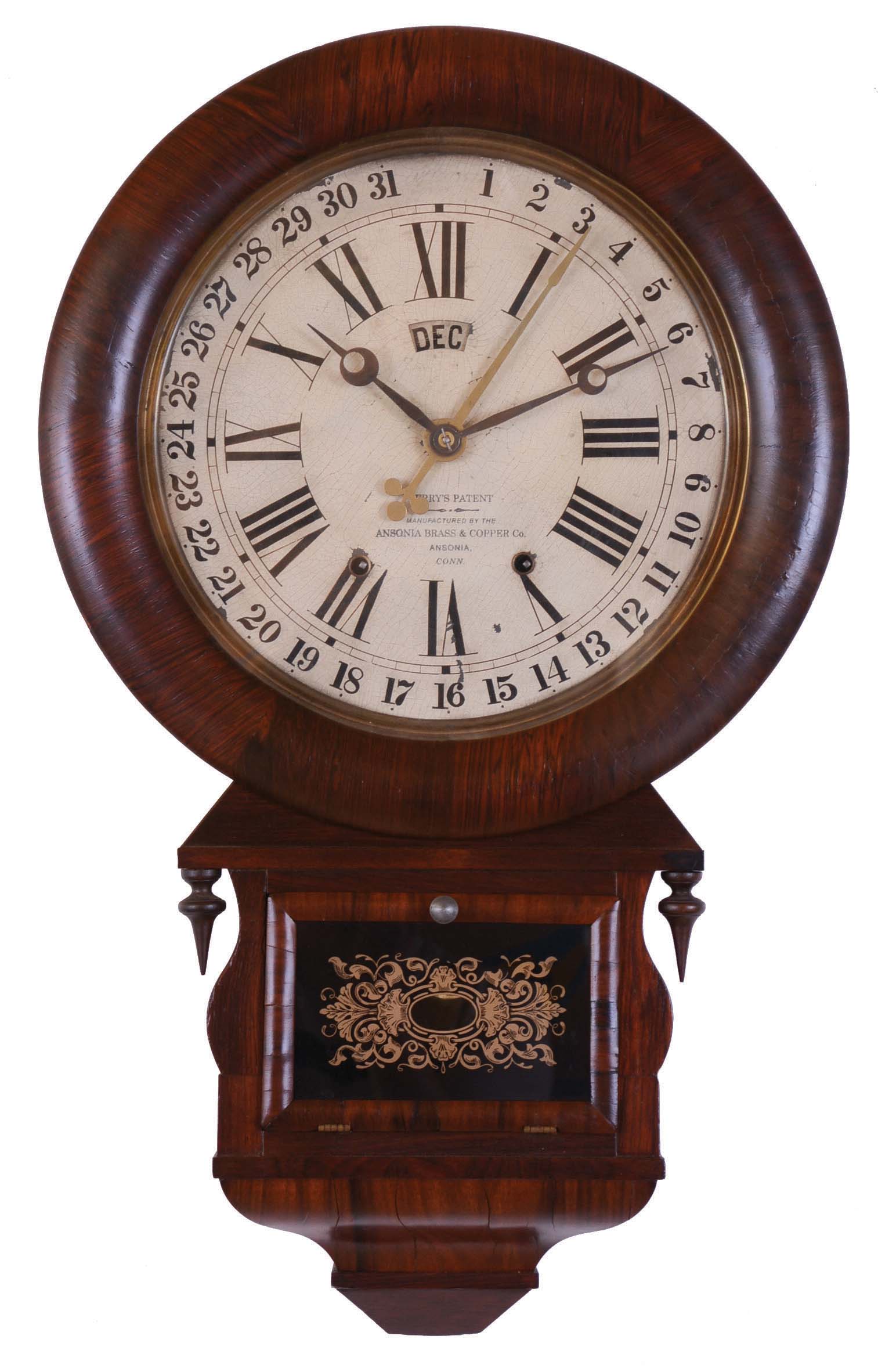 Ansonia Brass and Copper Co., Ansonia, Conn., "Drop Extra Calendar" wall clock with a spring driven 8 day time, strike movement with William A. Terry's patent calendar in a rosewood veneered case. — Antique Clocks Price Guide