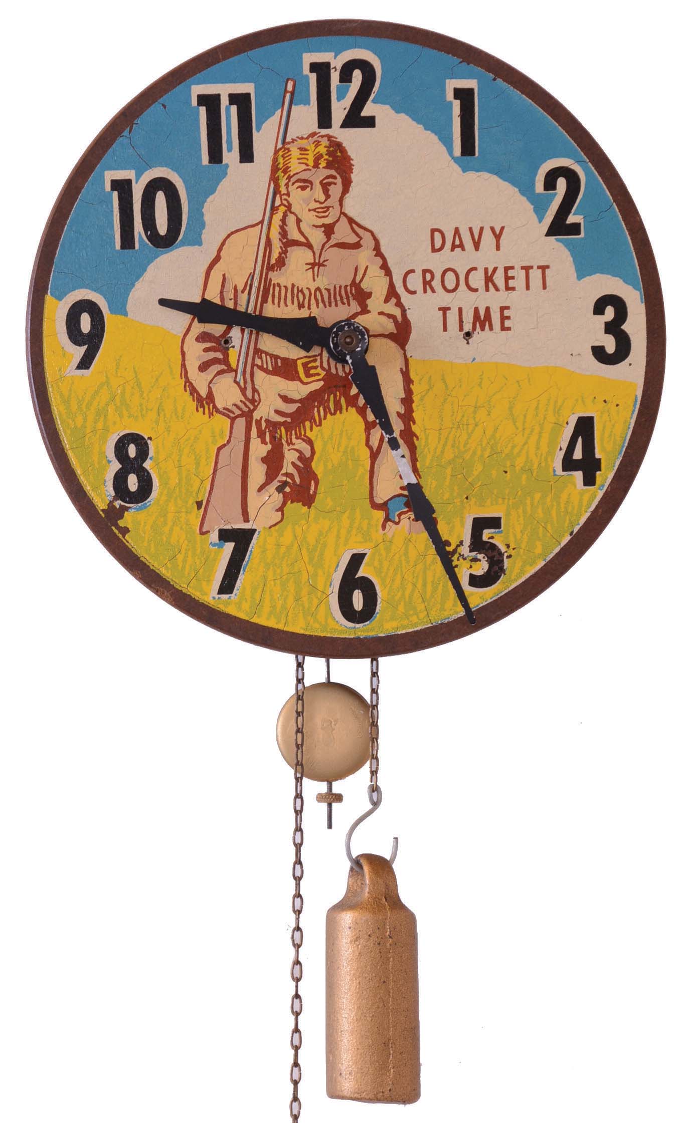 "Davey Crockett Time" novelty 30 hour weight driven wall clock, painted masonite dial, unsigned but possibly German — Antique Clocks Price Guide