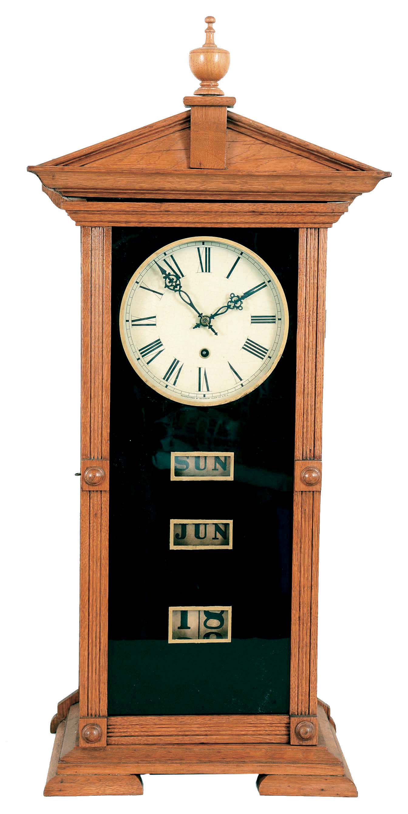Waterbury Clock Co., Waterbury, Conn., "Keating", 8 day, spring brass movement calendar shelf timepiece made for the American Manufacturing Co. — Antique Clocks Price Guide